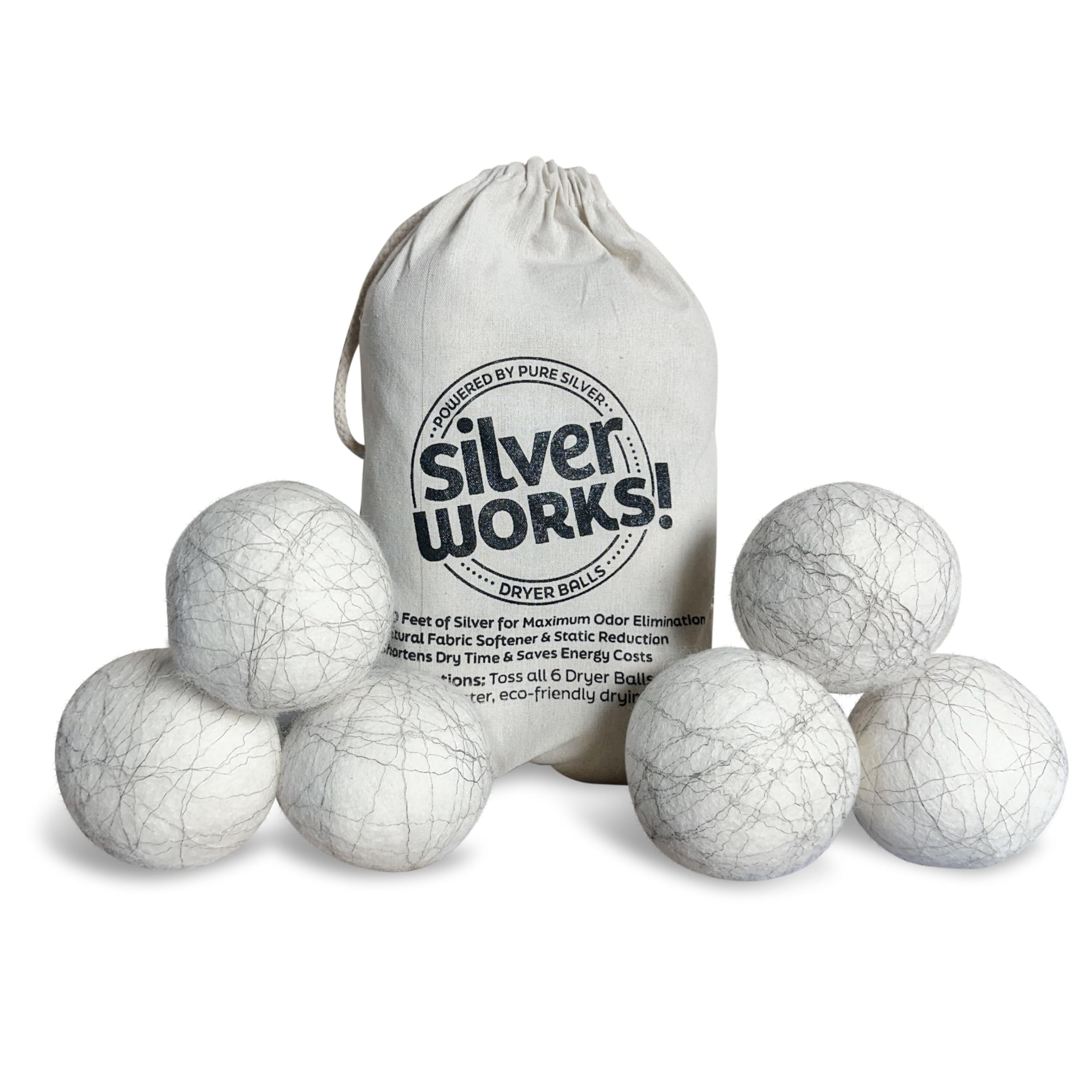 Wool Dryer Balls Laundry Reusable - Odor Eliminating Dryer Laundry Balls with Silver Technology - Natural Fabric Softener and Static Reducer, Reduce Drying Time and Energy Costs - 6 Pack