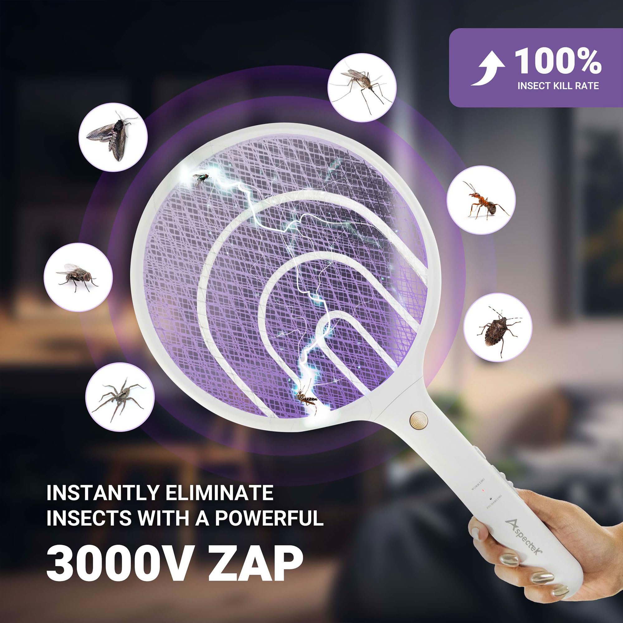 Aspectek 2 Pacchi Raquetta Elettrica per Zanzare 3000V, Zappatrice per Insetti Ricaricabile per Interni ed Esterni, Cavo di Ricarica USB