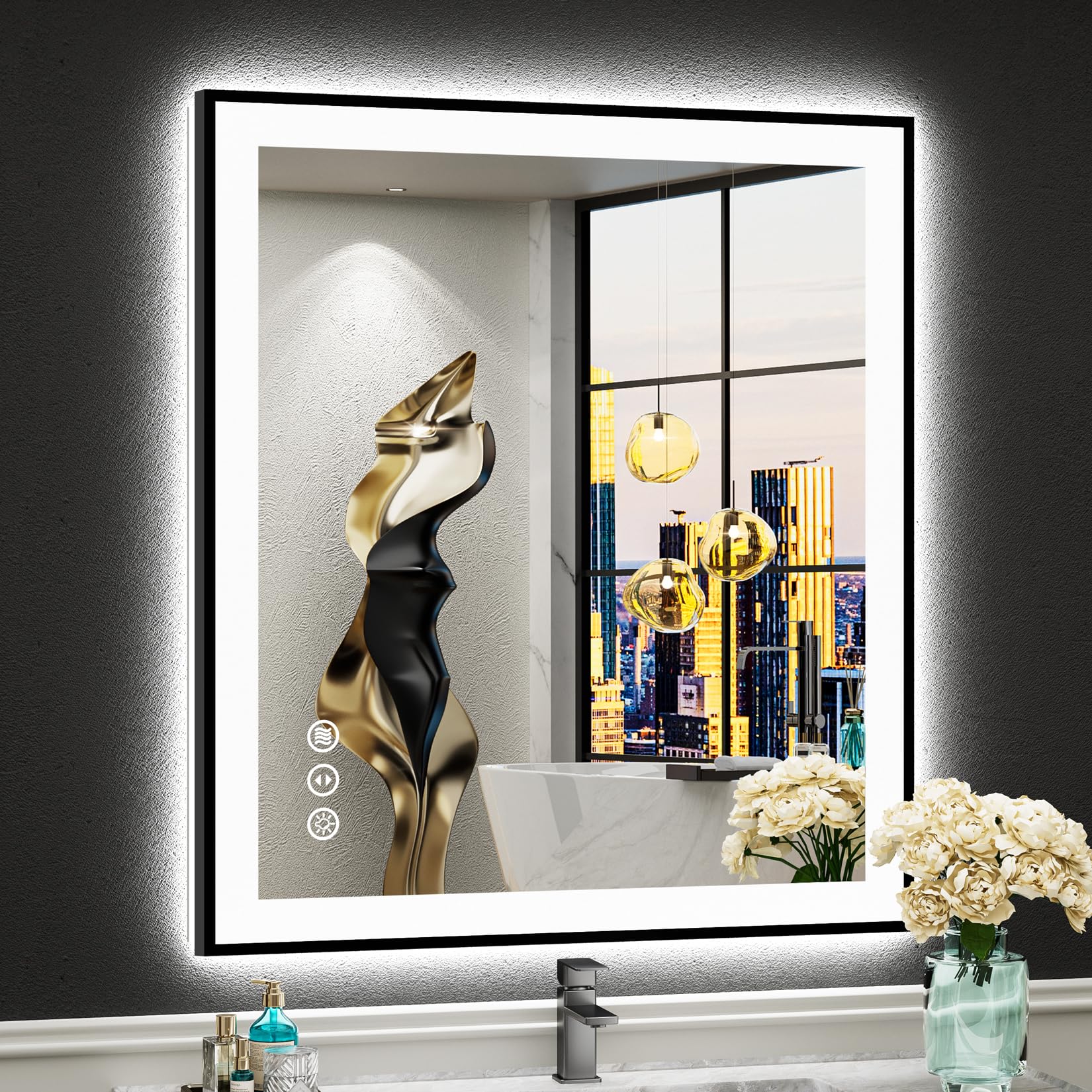 28x32 Black Framed LED Bathroom Mirror with Lights, Backlit and Front Lit Anti-Fog Lighted Vanity Mirror for Bathroom Wall, Dimmable, 3 Colors, Memory, Shatter-Proof, HD Tempered Glass, CRI 95