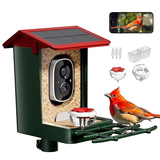 Smart Bird Feeder with Camera Solar Powered, 1080P HD Video, 10,000+ Species AI Recognition, Real-Time App Alerts, Weatherproof Design for Effortless Birdwatching, Gift for Bird Lovers, Red-Green