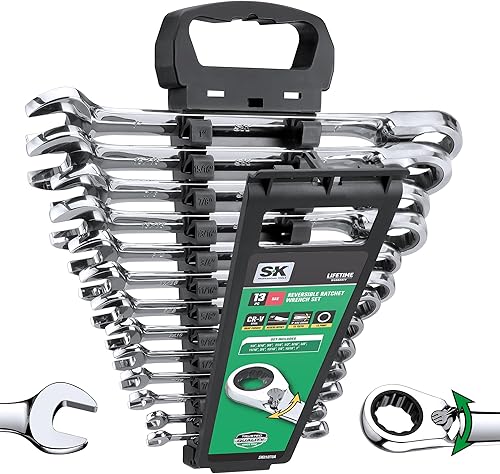 SK Juego de llaves de trinquete reversibles, juego de llaves combinadas, 13 piezas, SAE de 14 a 1 pulgada, 72 dientes, construcción CR-V premium,