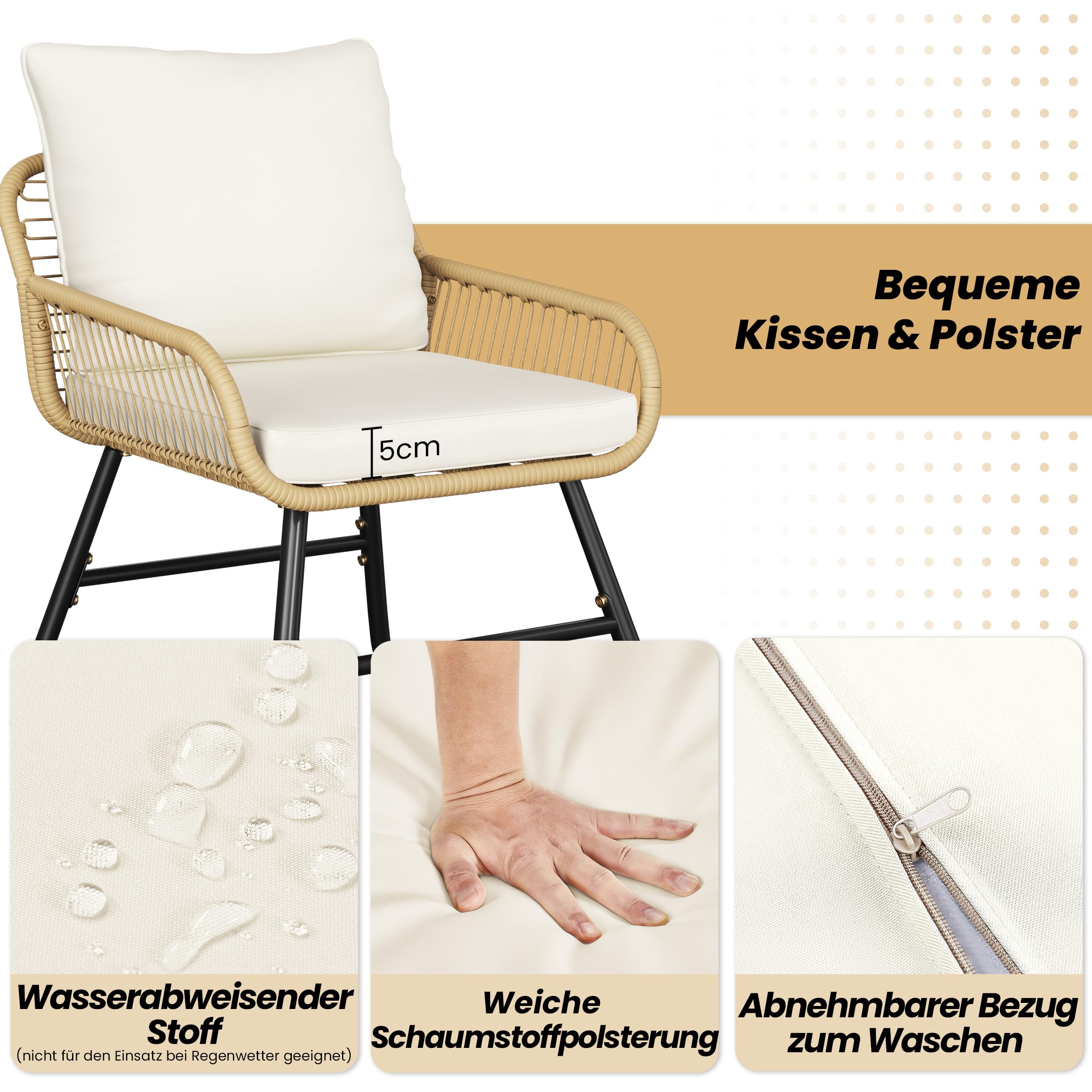 Yaheetech Polyrattan Gartenmöbel Set 4-teilig, Balkonmöbel Lounge-Set inkl.2-Sitzer 2 Sessel Tisch, Wetterfest Terrassenmöbel Sitzgruppe mit Kissen für Balkon Garten, Hellbraun & Cremeweiß