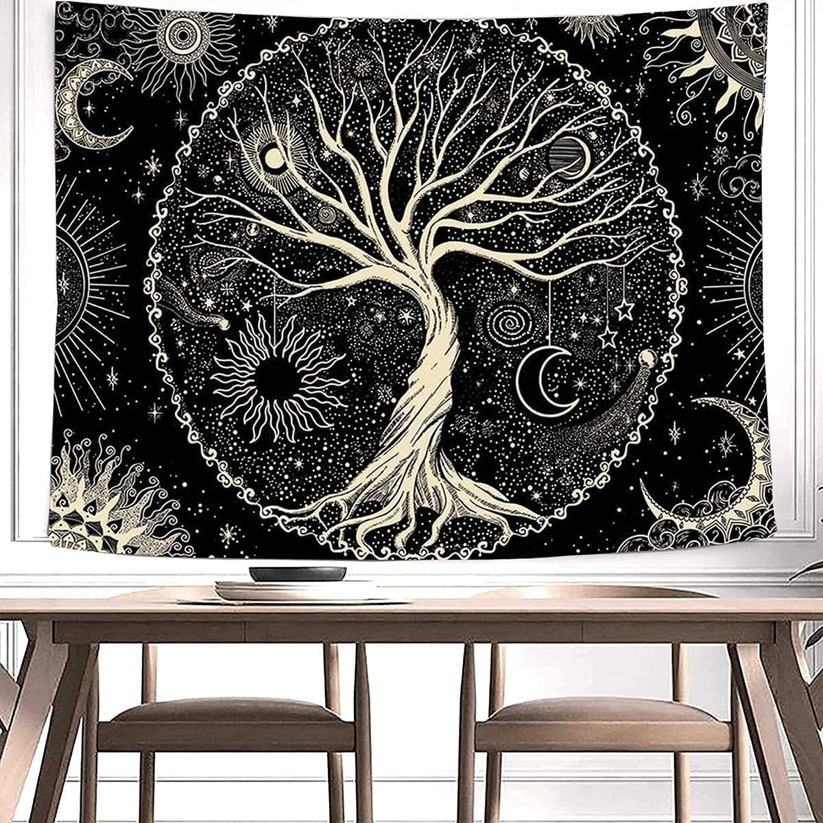 Arawat Tapestry Tree of Life Tapestry Black White Tapestry Moon Sun Tapestry Wall Decor Psychedelic Rug Gothic Tapestry Trippy Tapestry Wall Cloth Wall Hanging Wall Decor (150 x 130cm)