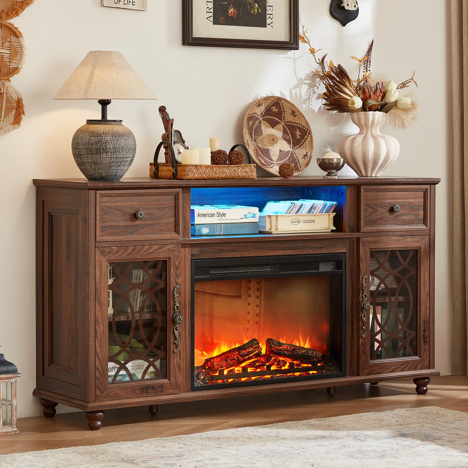 Farmhouse Fireplace TV Stand, 59" Entertainment Center with Electric Fireplace & LED Lights for TVs up to 65'', Glass Door Fire Place TV Stands for Living Room, Media Console w/Drawers,Brown
