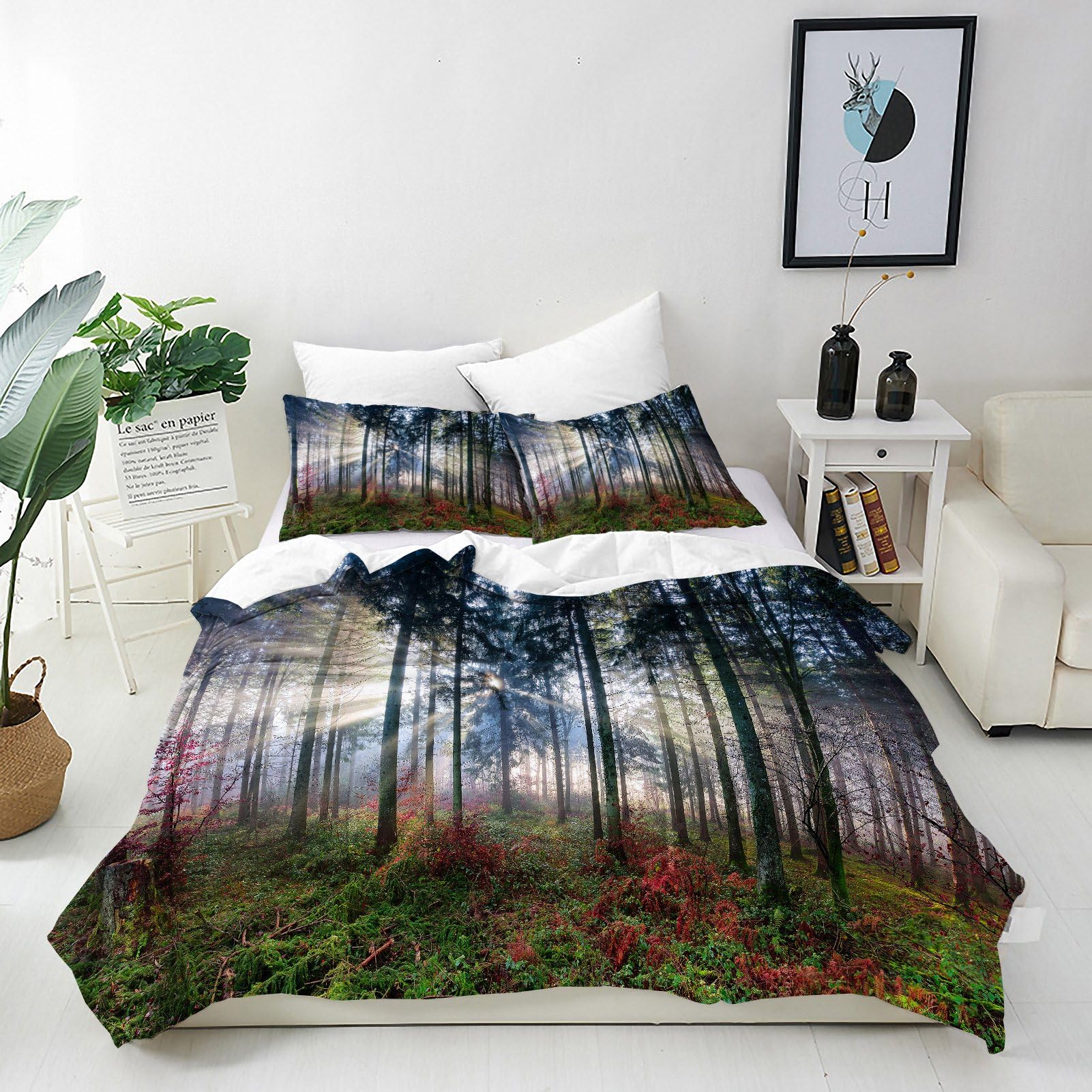 ANHOPE Forest Duvet Cover Set Soft Lightweight Microfibre Quilt Cover with 2 Pillowcase Nature Misty Forest Sunshine Tree Print Pattern 3 Pcs Bedding Set with Zipper Closure Double 200 x 200 cm โ image 1