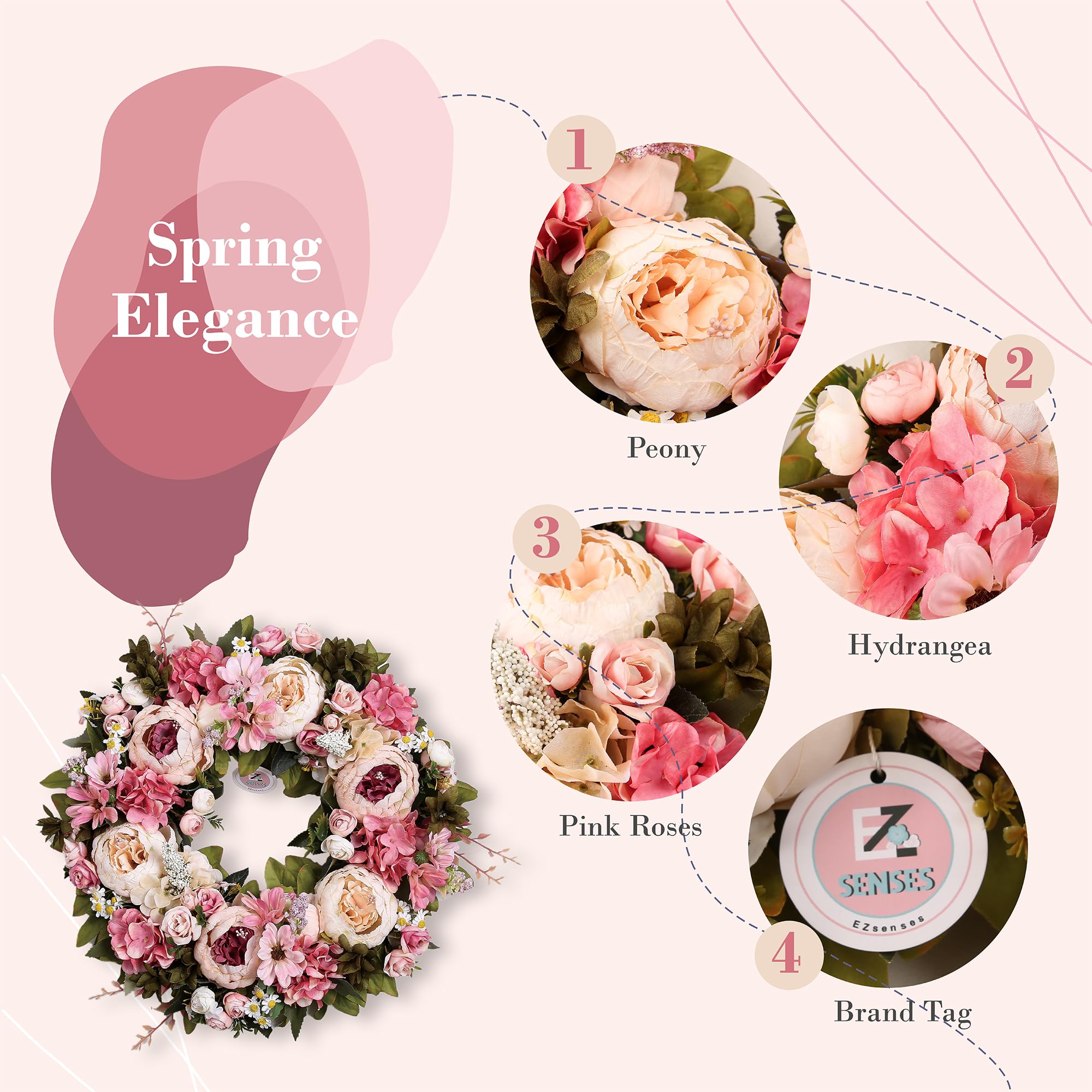 Couronne florale artificielle pour porte d'entrée, décoration d'intérieur, festival, fête, mariage, nouveaux propriétaires, décoration saisonnière, cadeau de pendaison de crémaillère (rose)