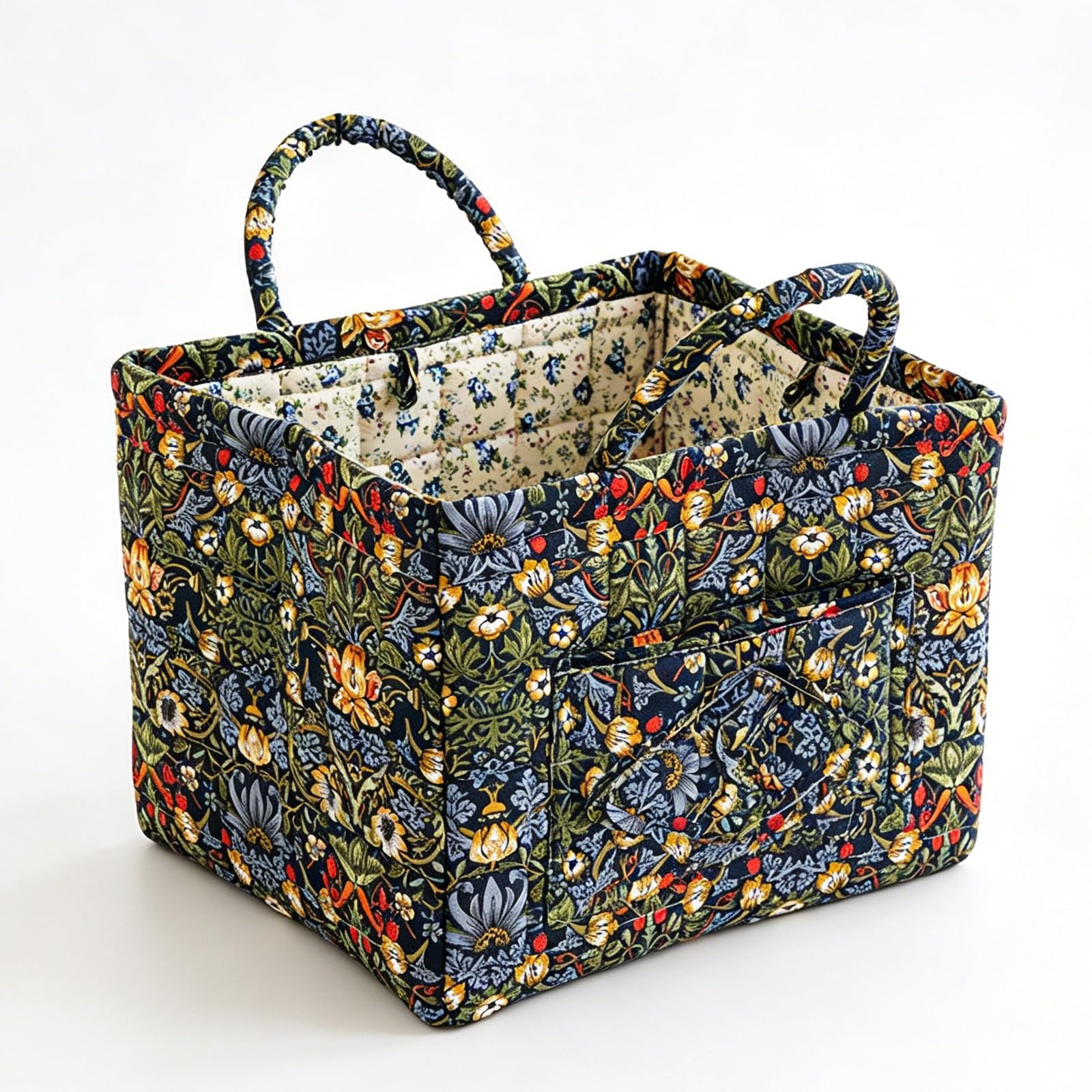 Quilted Vintage Floral Fabric Storage Basket with Ruffle Front Pocket & Reinforced Padded Handles, 23L Large Foldable Decorative Organizer Bin for Closet Bedroom Clothes Sundries(3199)