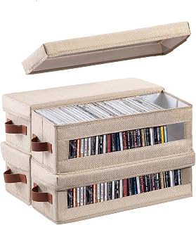 4 Packs CD Storage Box with Visible Window, Stackable CD Case Holder with Dustproof Lid and Handles, Holds Up to 148 CDs in Full Jewel Cases-15.75 x 6.10 x 5.31 Inches-Beige