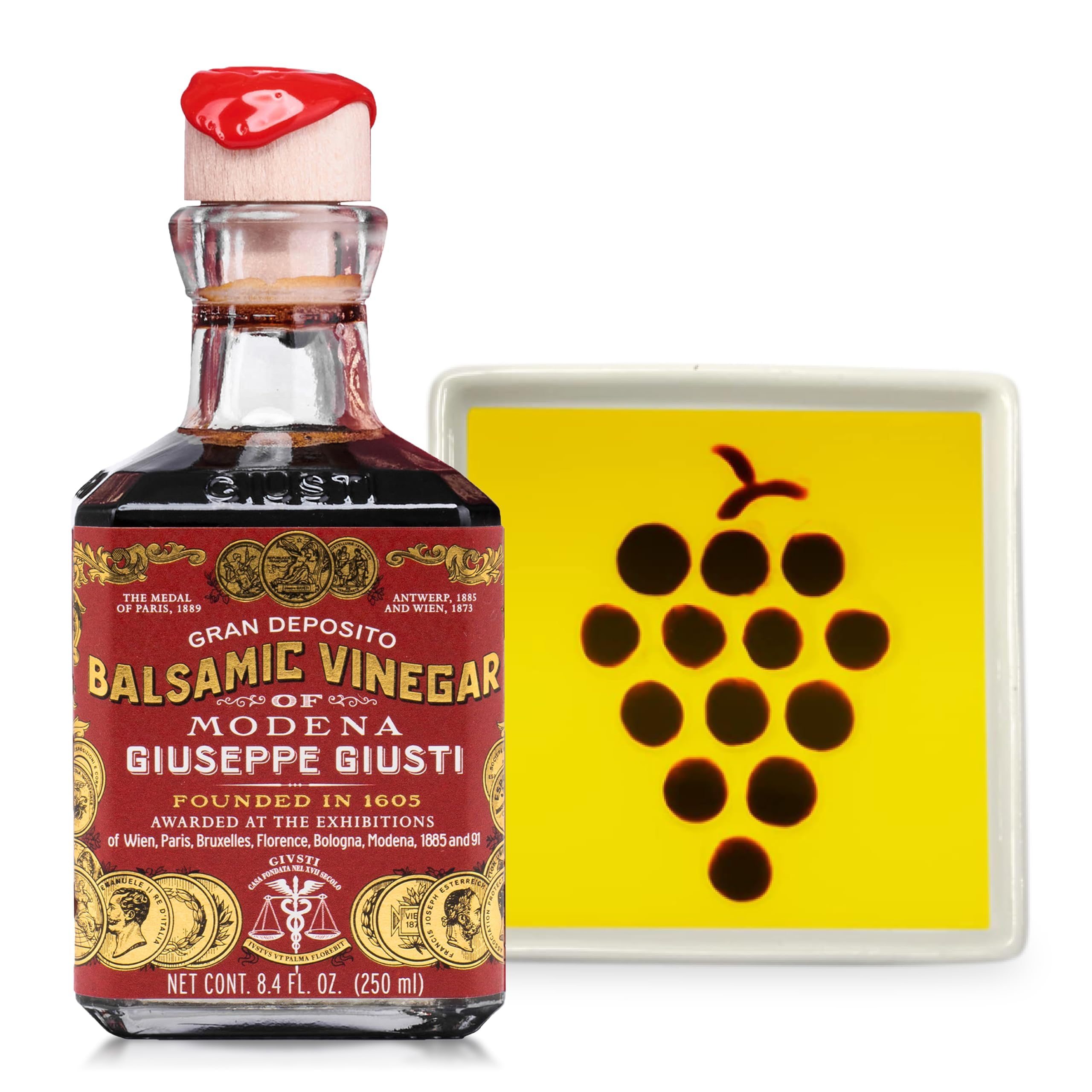 Bellina Gourmet Balsamic Gift Set - Bread Dipping Set with Giuseppe Giusti Balsamic Vinegar of Modena and Bread Dipping Dish with Grape Design, Italian Cooking Gifts from Italy - 8.45 fl oz (250 ml)