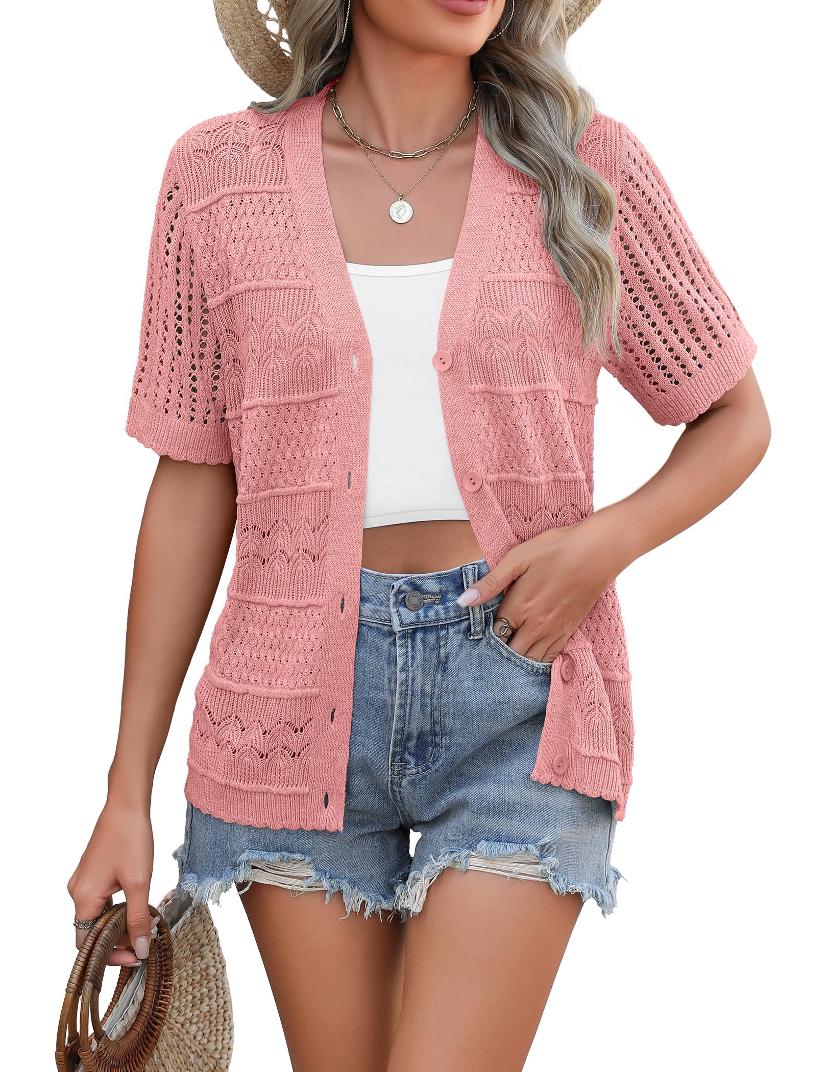 Zeagoo Women's 2026 Summer Short Sleeve Crochet Cardigan V Neck Cropped Lightweight Button up Bolero Shrug Sweater