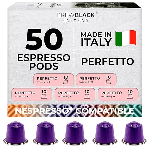 BrewBlack Cápsulas de café Perfetto de aluminio 50 cápsulas de café 100% arábica tostado oscuro Intensidad 912, compatible con Nespresso* Línea