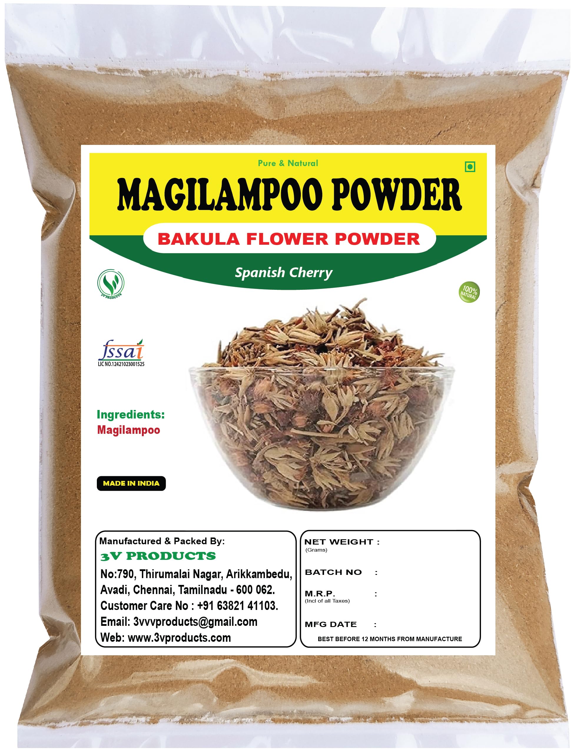 3V PRODUCTS MagilamPoo Powder 100g | Maulsari Flower | Spanish