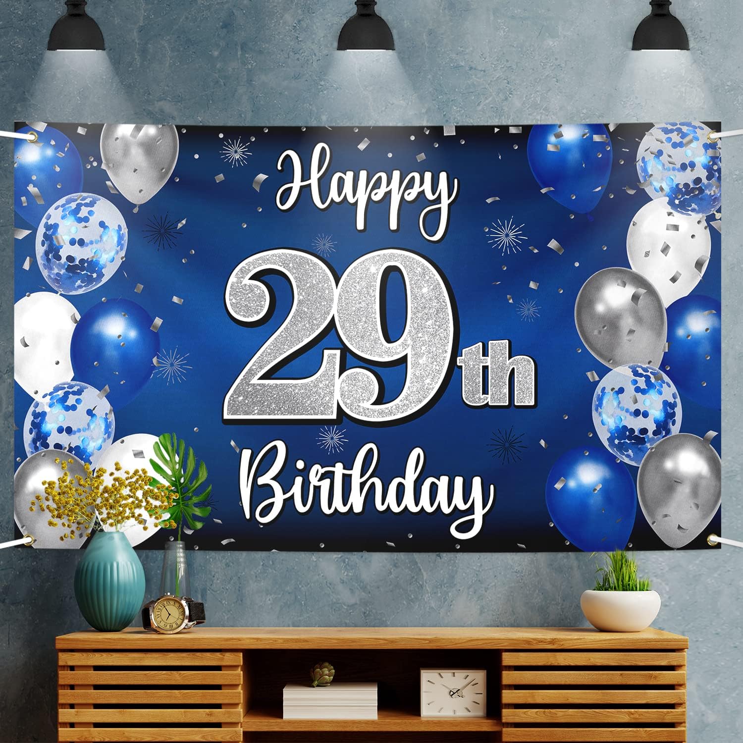 Happy 29th Birthday Decorations,29th Blue & Silver Balloon Large Birthday Banner Backdrop Sign - Cheers to 29 Years Old Bday Party Supplies. - Image 5