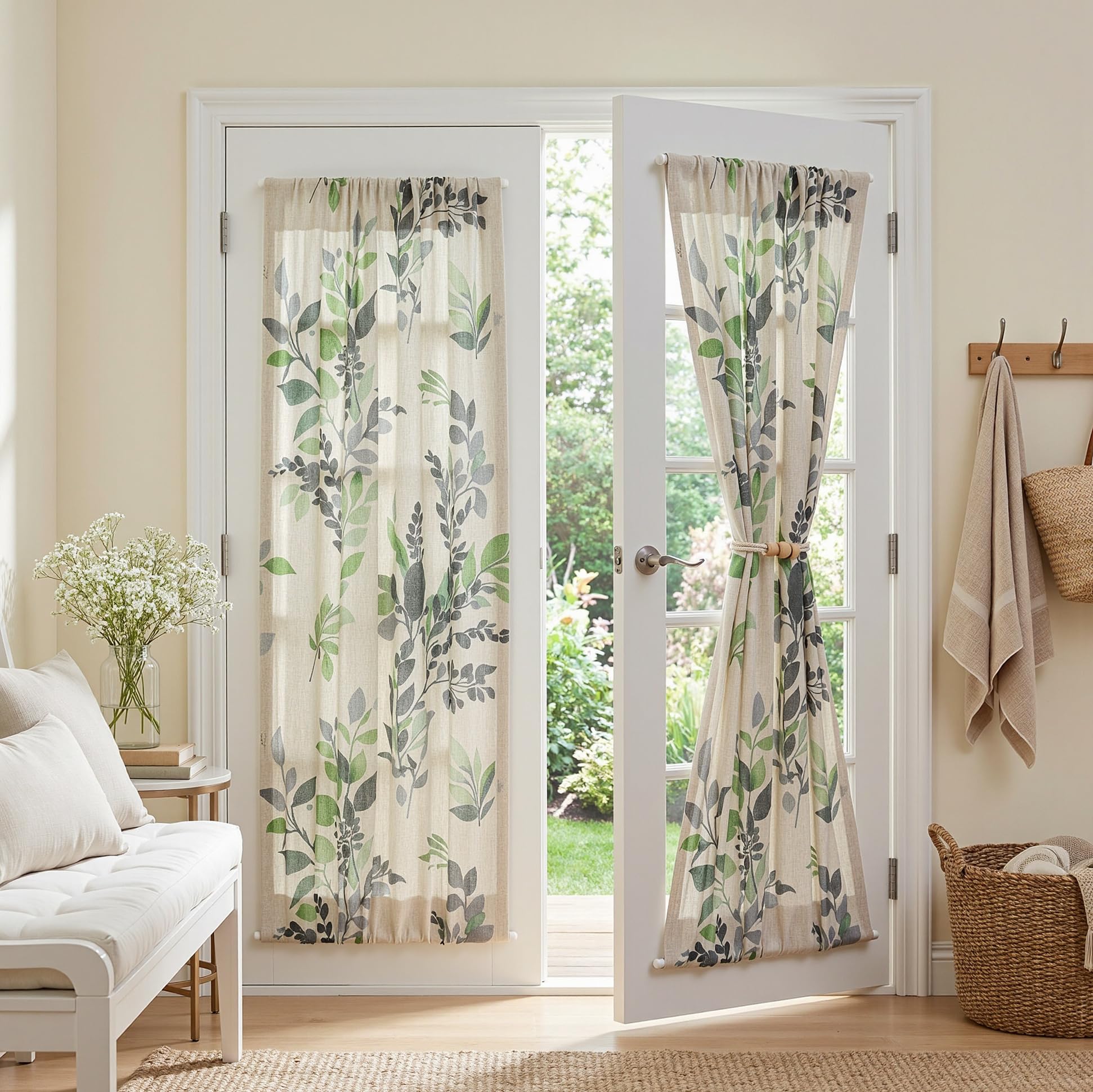 MYSKY HOME Floral Linen French Door Curtains 72 inch Long 2 Panels for Front Door Light Filtering Privacy Semi Sheer Window Curtains with Rod Pocket, Green, 24" W Each Panel