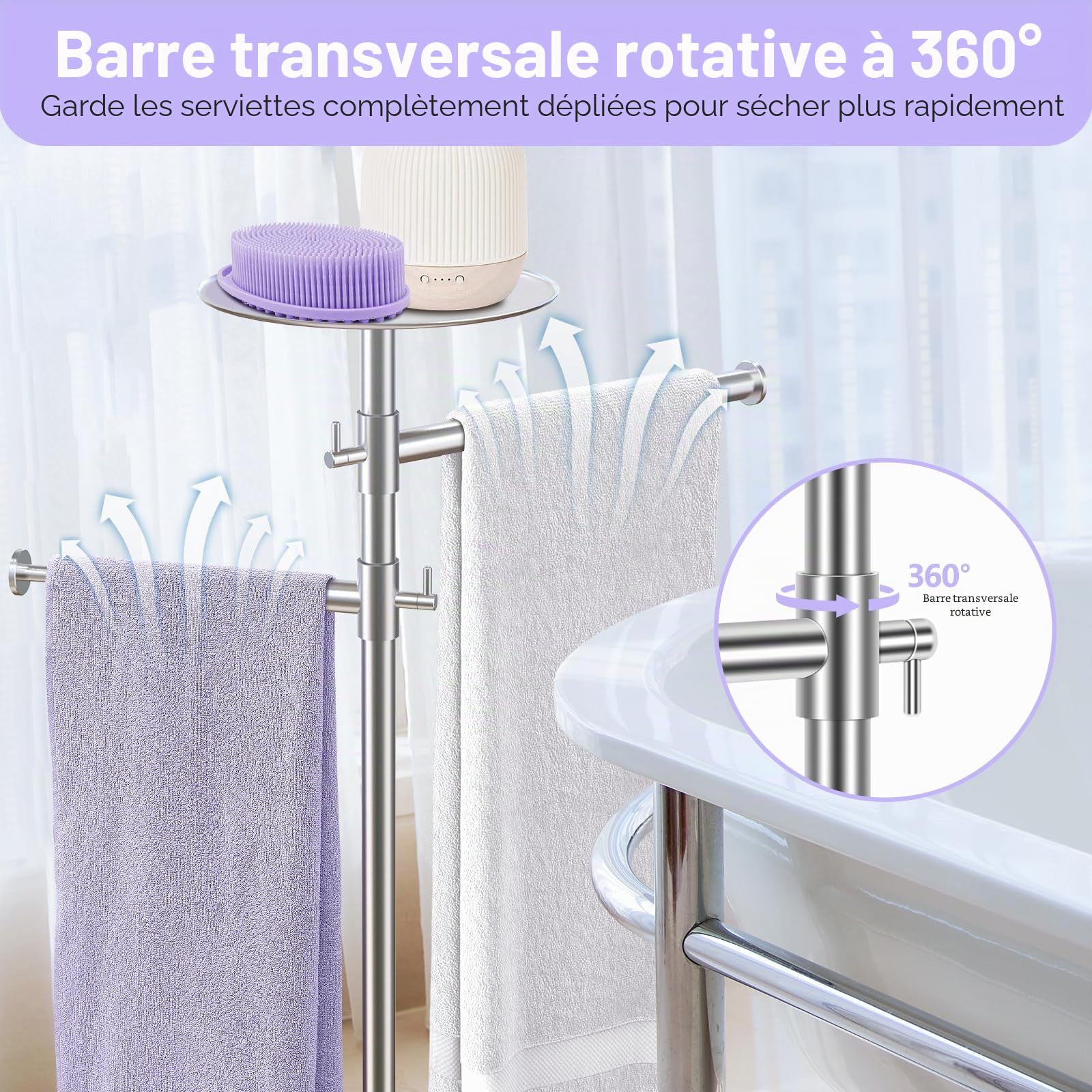 Alyvisun Porte Serviette Salle de Bain, Porte Serviette sur Pied avec Plateau et 2 Bras Extensibles [Réglable en Hauteur et Rotatif à 360°], Porte-Serviettes en Acier Inoxydable, Argent