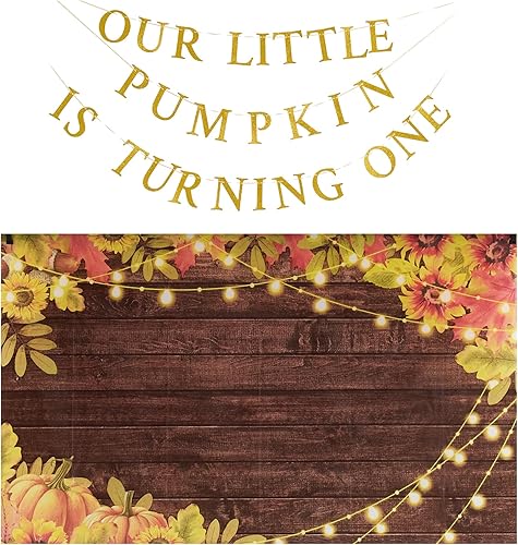 Funnytree Our Little Pumpkin is Turning One Fall Decor Props Kit un telón de fondo de 5.9 x 3.6 pies, tarjetas, cinta, juego de suministros para