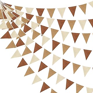 Decoraciones de fiesta marrón de 32 pies con banderines bohemios, banderines de tela, bandera triangular, guirnalda de banderines de lino para bosque, osito de peluche, baby shower, selva, safari,