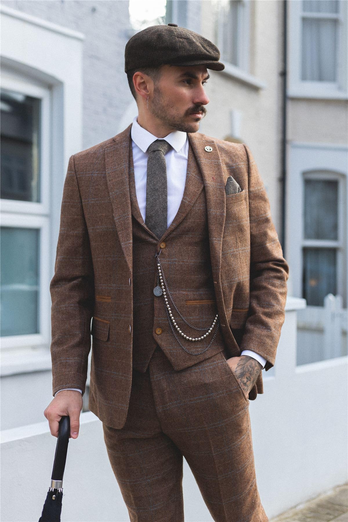 Costume Homme 3 Pièces en Tweed de Laine Mélangée à Carreaux Style Années 20 pour Un Look Habillé Festif | Marron Clair