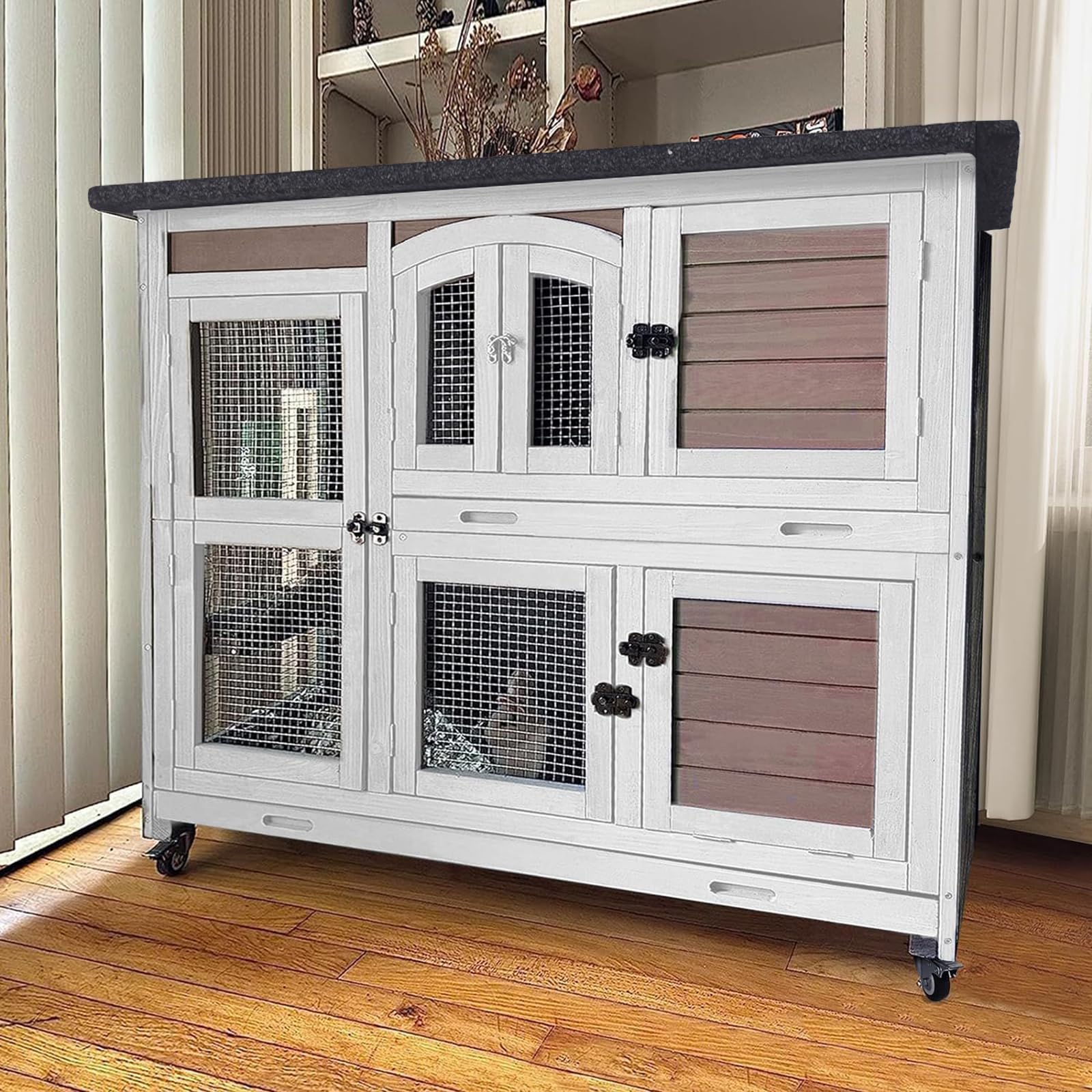 GUTINNEEN Rabbit Hutch Indoor Outdoor Bunny House Guinea Pig Cage on Wheel with Plastic Tray (Brown)