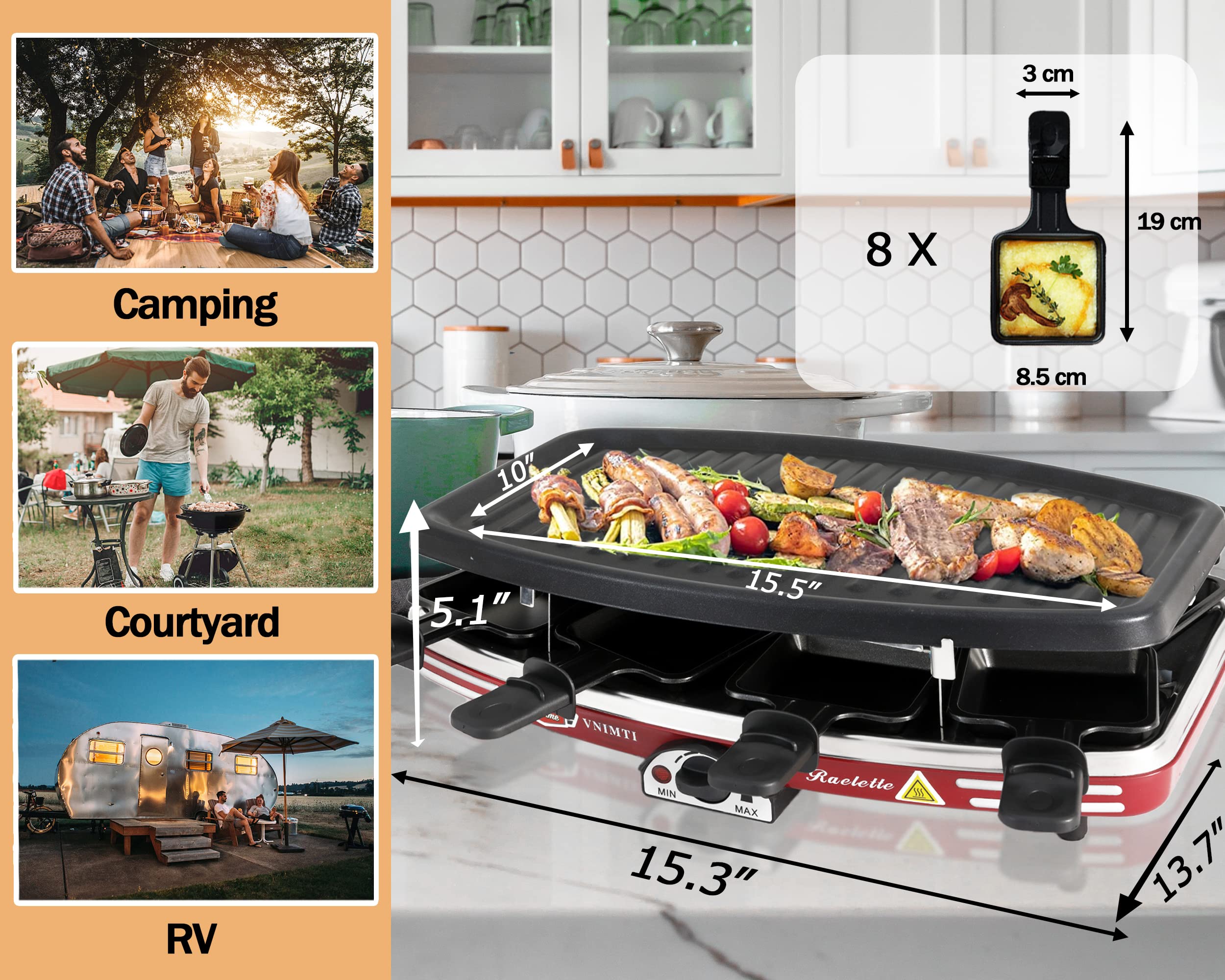 VNIMTI Raclette Table Grill, 8 Paddles Korean BBQ Grill Smokeless Electric Indoor Grill Cheese Melter, Removable Non-Stick Plate & Temperature Control, Ideal for Parties Family Fun and Picnics, 1200W