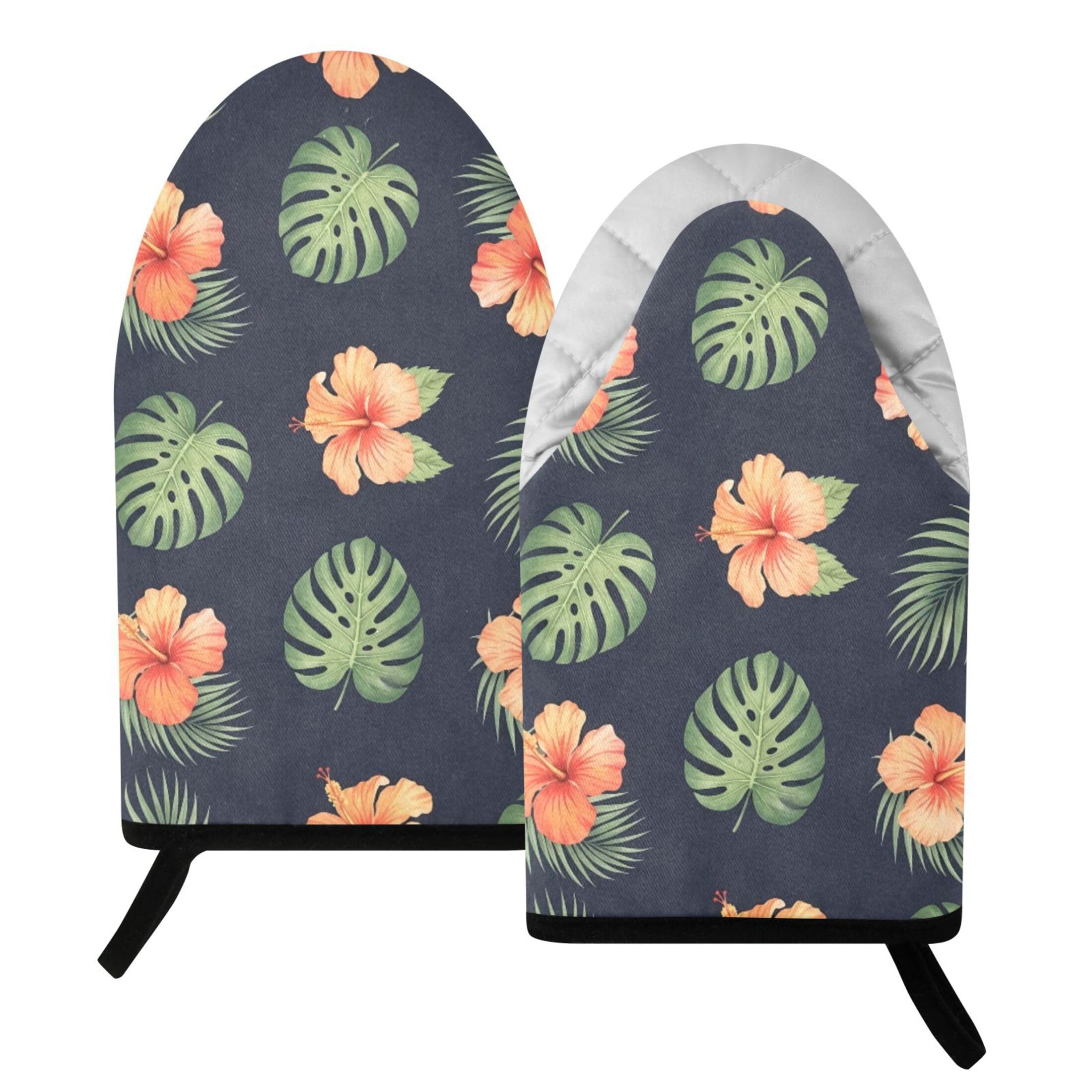 Fuauuyl Oven Mitts Heat Resistant Kitchen Gloves, Hibiscus Monstera Leaves Classic Oven Gloves with Hanging Loop for Baking BBQ Cooking Grilling, 1 Pair, 9.5 in