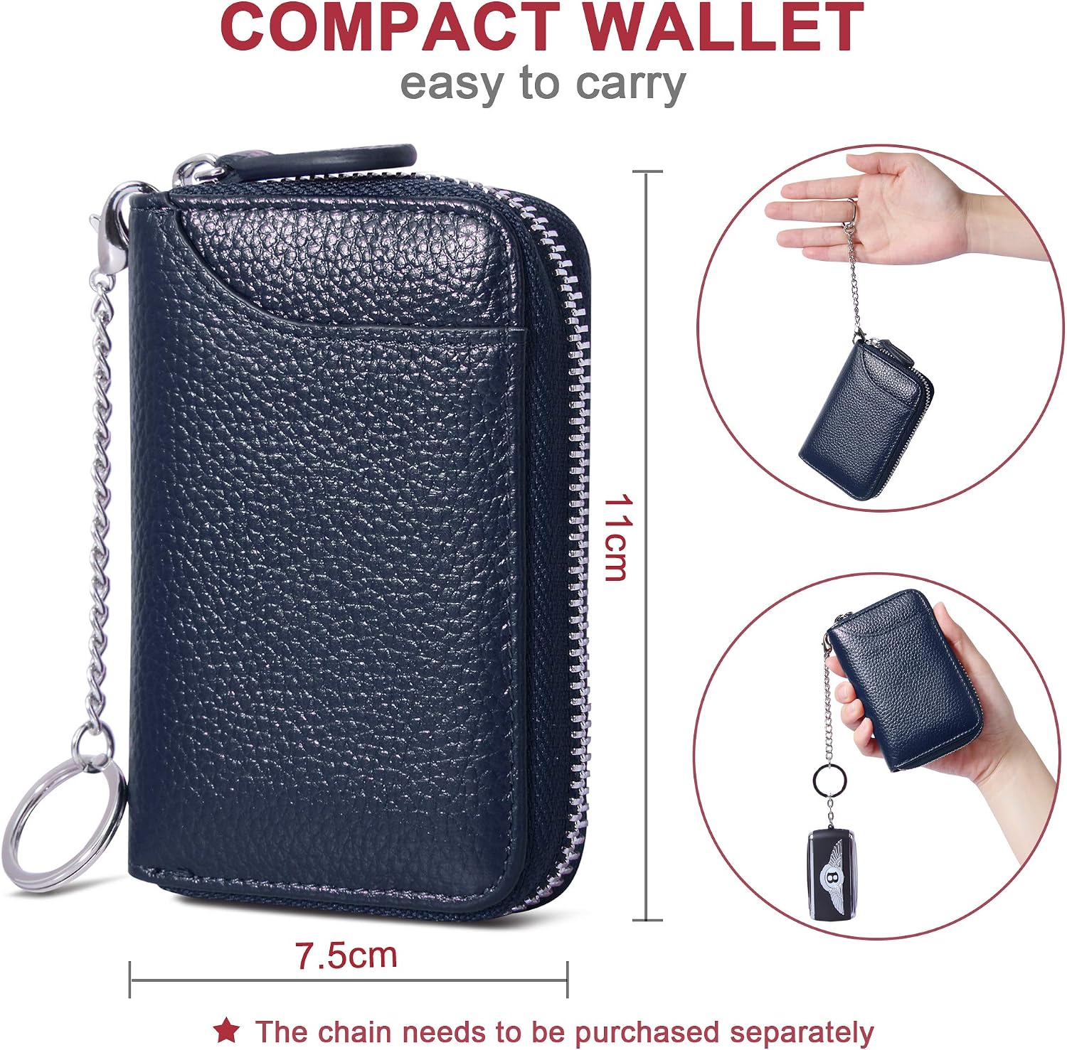 Womens Credit Card Holder Wallet Zip Leather Card Case RFID Blocking Ladies Small Blocked Accordion Wallets with Stainless Steel Zipper Woman Compact Accordian ID Cards Bag mini Cases Deep Blue - Image 5