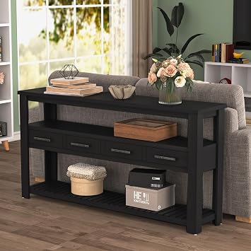 62.2" Narrow Console Table with 4 Drawers for Entryway, Farmhouse Hallway Couch Tables, Modern Living Room Table Behind SofaBlack