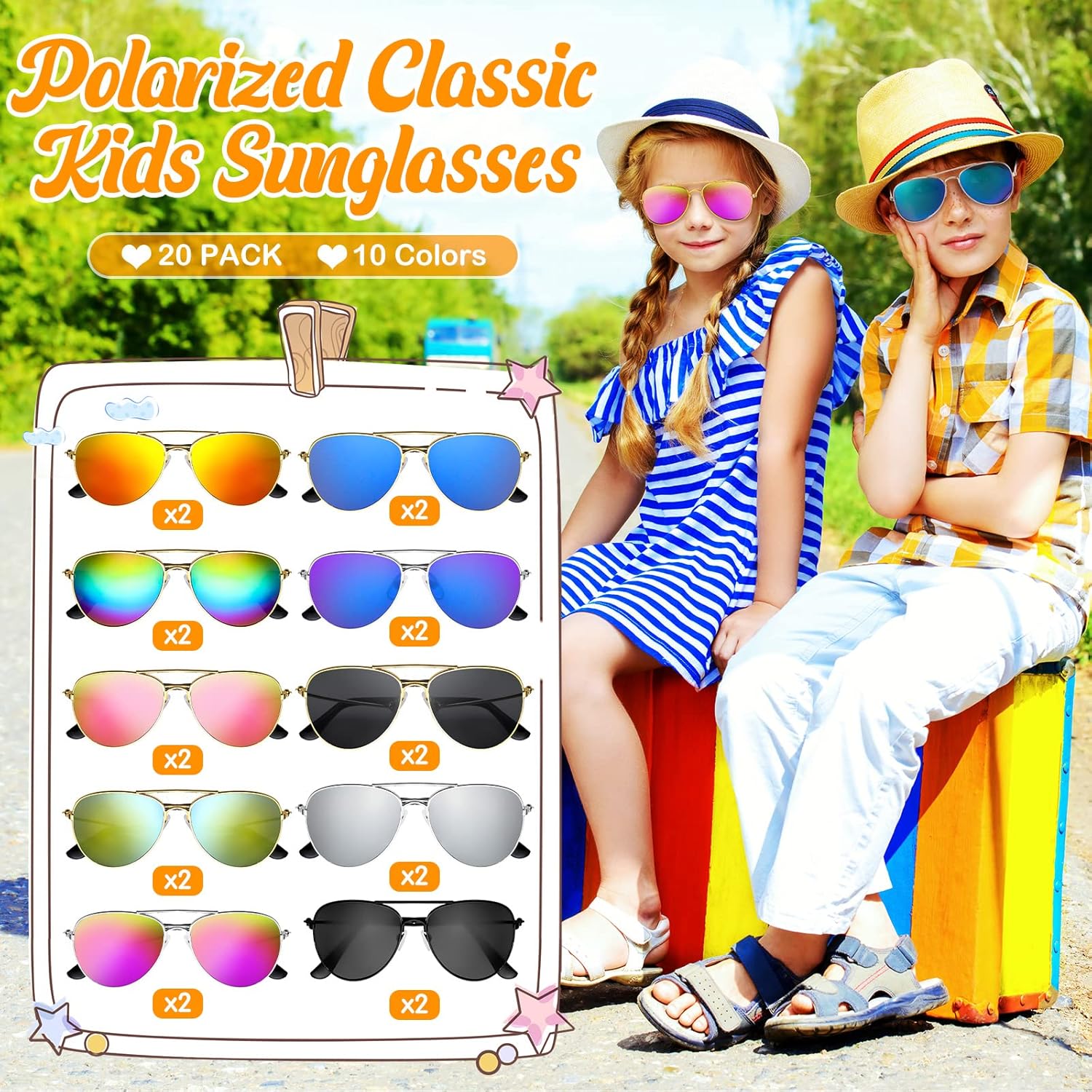 Mepase 20 Pairs Kids Sunglasses Bulk Kids Neon Sunglasses Beach Party Favors Boys UV Protection Polarized Mirrored Metal Frame Boys Girls Eyeglasses Birthday Gifts for Teenagers, 10 Styles - Image 2