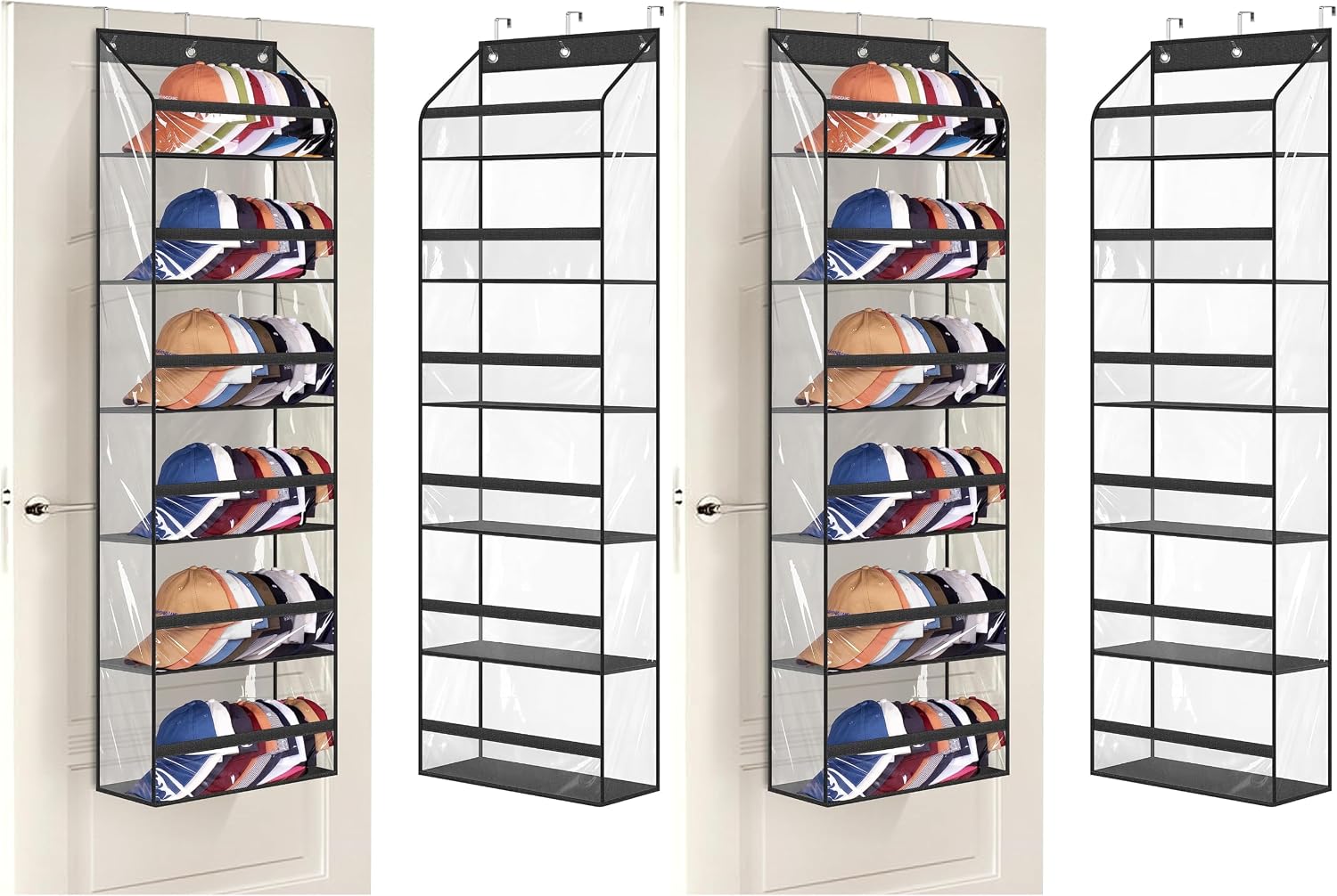  Clear Over The Door Hat Racks for Baseball Caps, Large Holds up to 72 Caps Hat Storage Organizer for Closet Wall, Deep Pockets Hanging Hat Holder with 3 Hooks, Black thumbnail