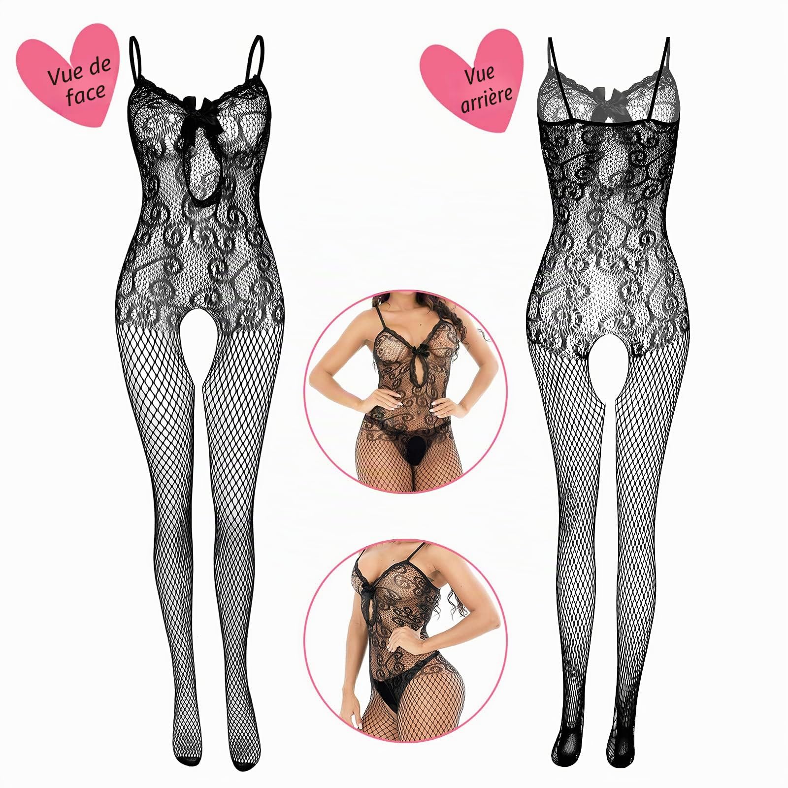 JDiction Lingerie en résille Pour Femmes Longue Combinaison en Maille Bas en Dentelle Sexy Babydoll Nightwear for Romantic Date Wearing(4 Pcs)
