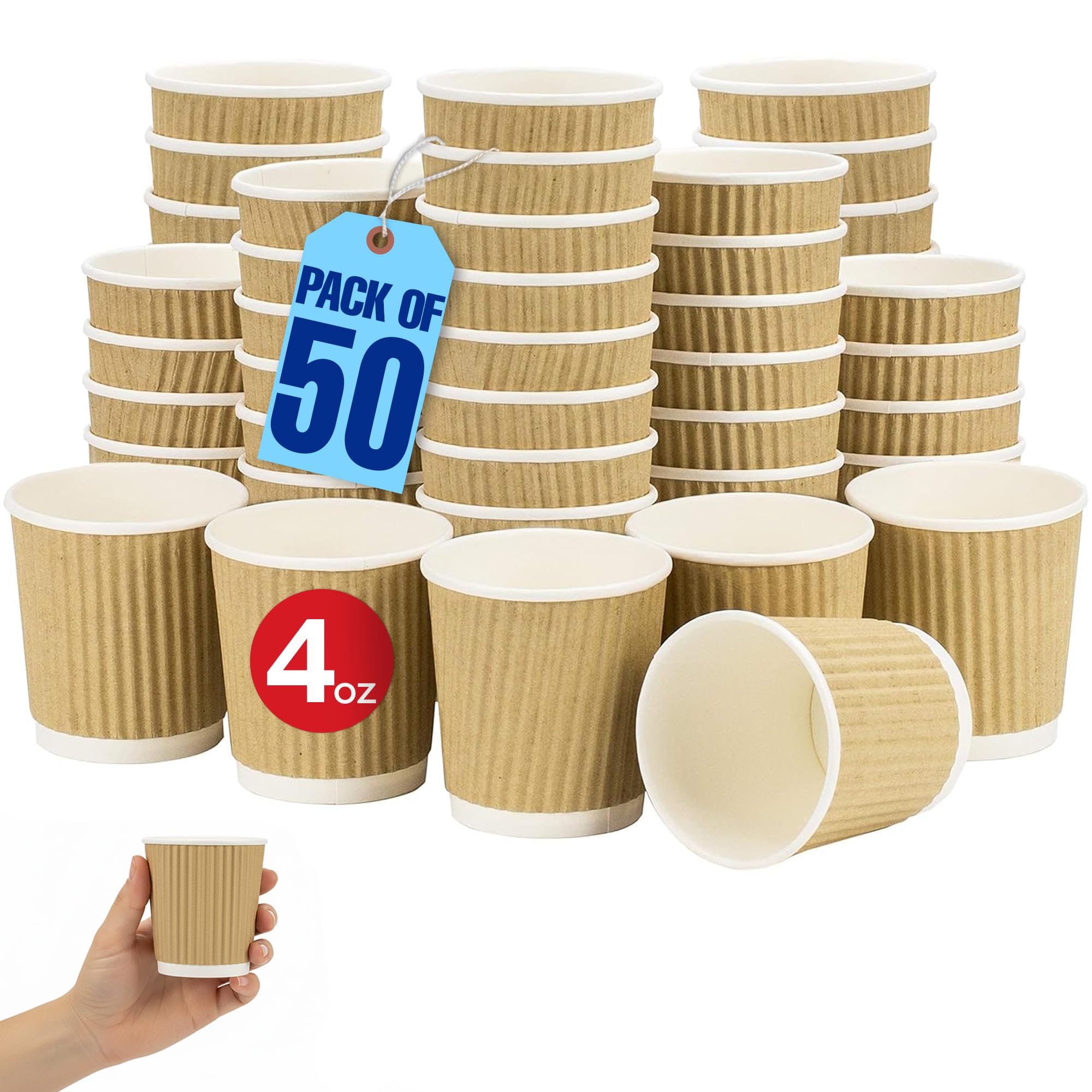 MARKQ [Set of 50] [4 Oz] Brown Disposable Ripple Insulated Coffee & Tea Cups - Hot Beverage Corrugated Paper Cups - Eco-Friendly