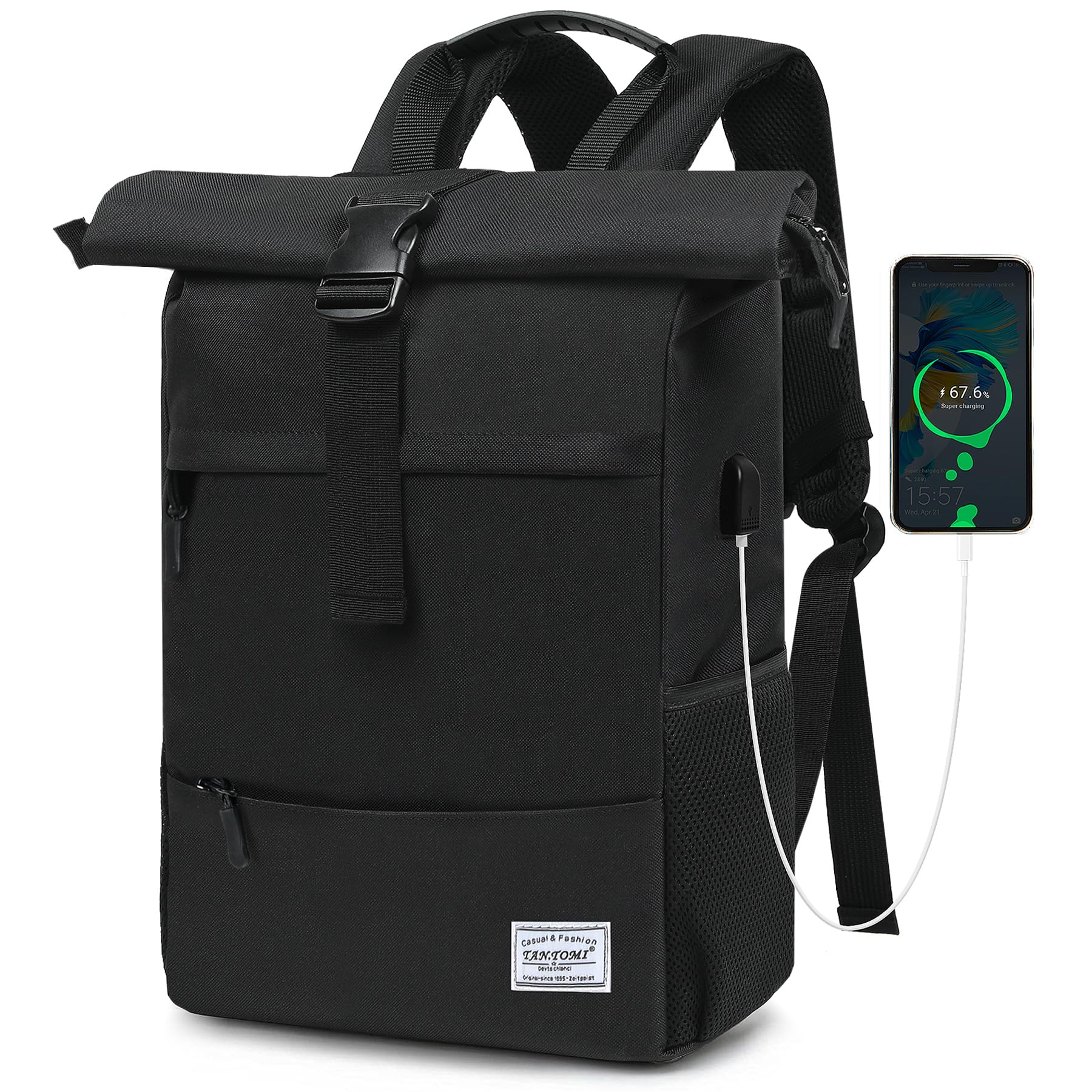 TANTOMI Rucksack Damen Groß, Laptop Rucksack Herren, Unisex Tagesrucksäcke Rolltop Rucksack Wasserdicht, Reiserucksack Lässiger Backpack Schule Freizeit Uni Arbeit Wandern