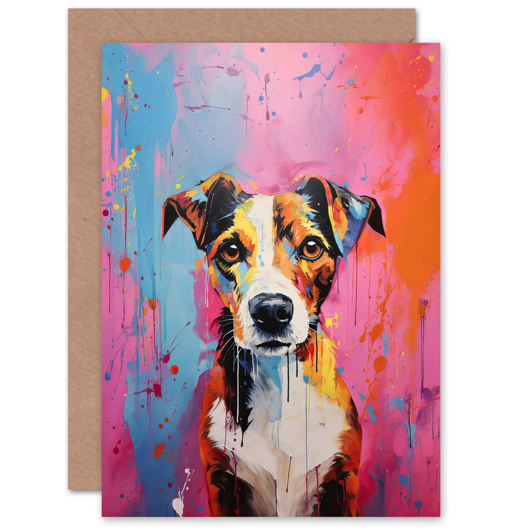 Artery8 Jack Russell Dog Lover Gift Pet Portrait Baby Blue Pink Orange Artwork Painting Sealed Greeting Card Plus Envelope Blank inside