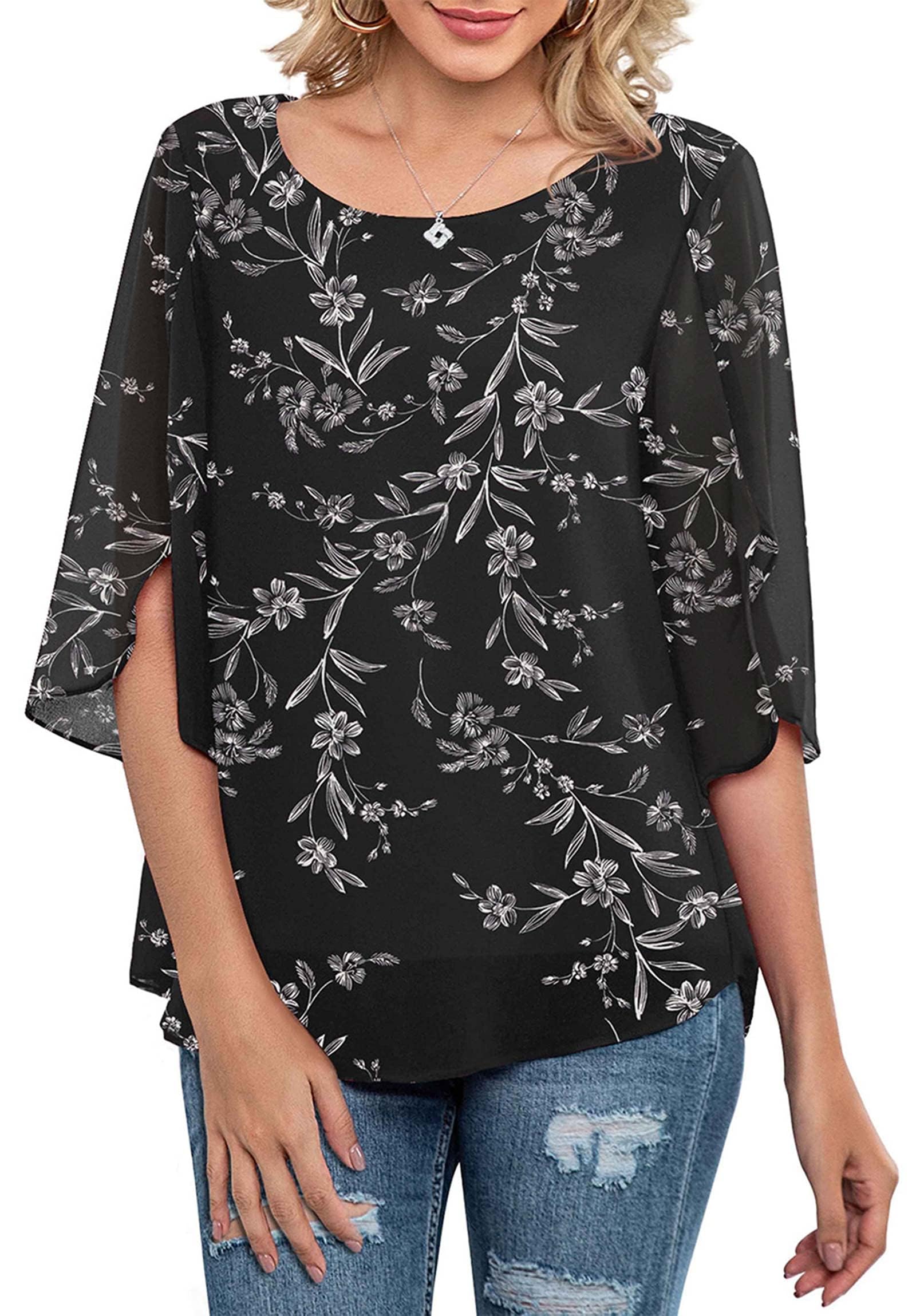 Neineiwu Damen Chiffon Tunika Lässig Rundkragen 3/4-Ärmeln Bluse Mesh Fließende Shirts Loose Fit Oberteile