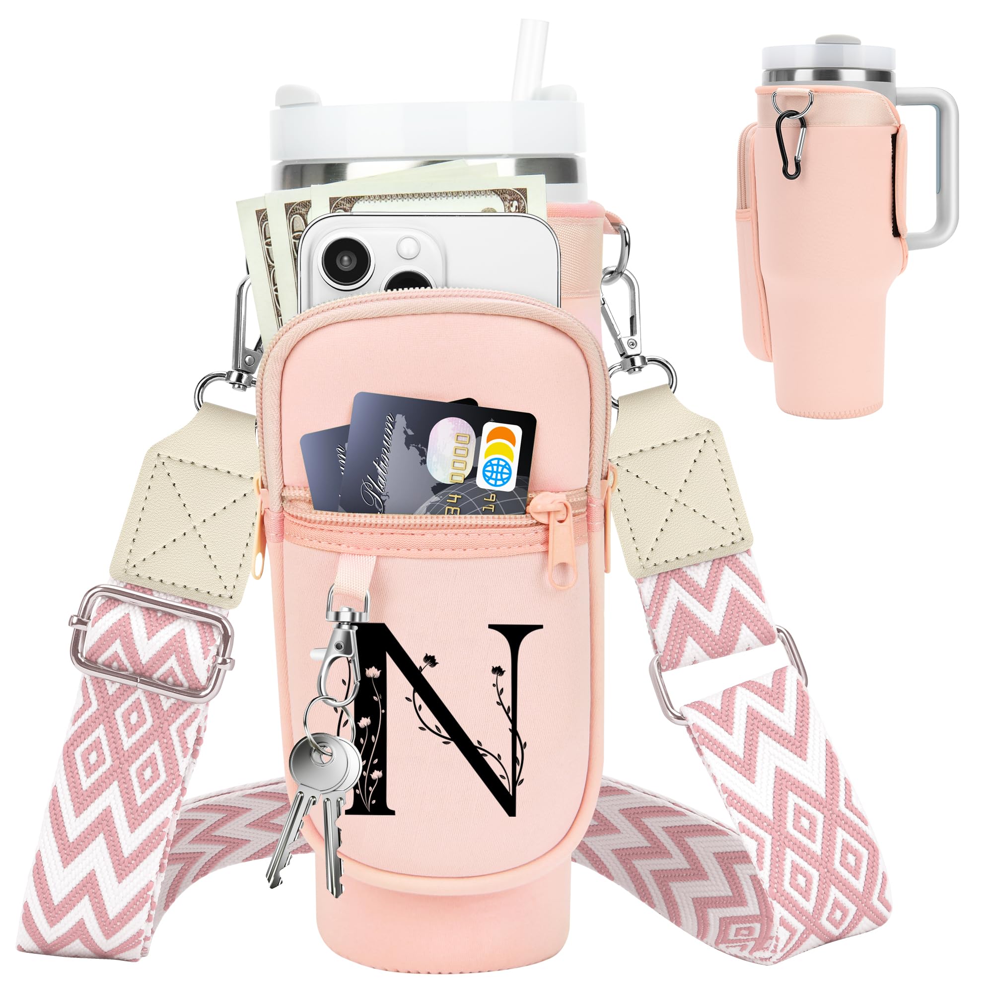 LOKASS Initial Water Bottle Holder with Strap for Stanley Cup 40 oz Tumbler, Personalized A-Z, Water Bottle Carrier Bag with Phone Pocket & Carabiner