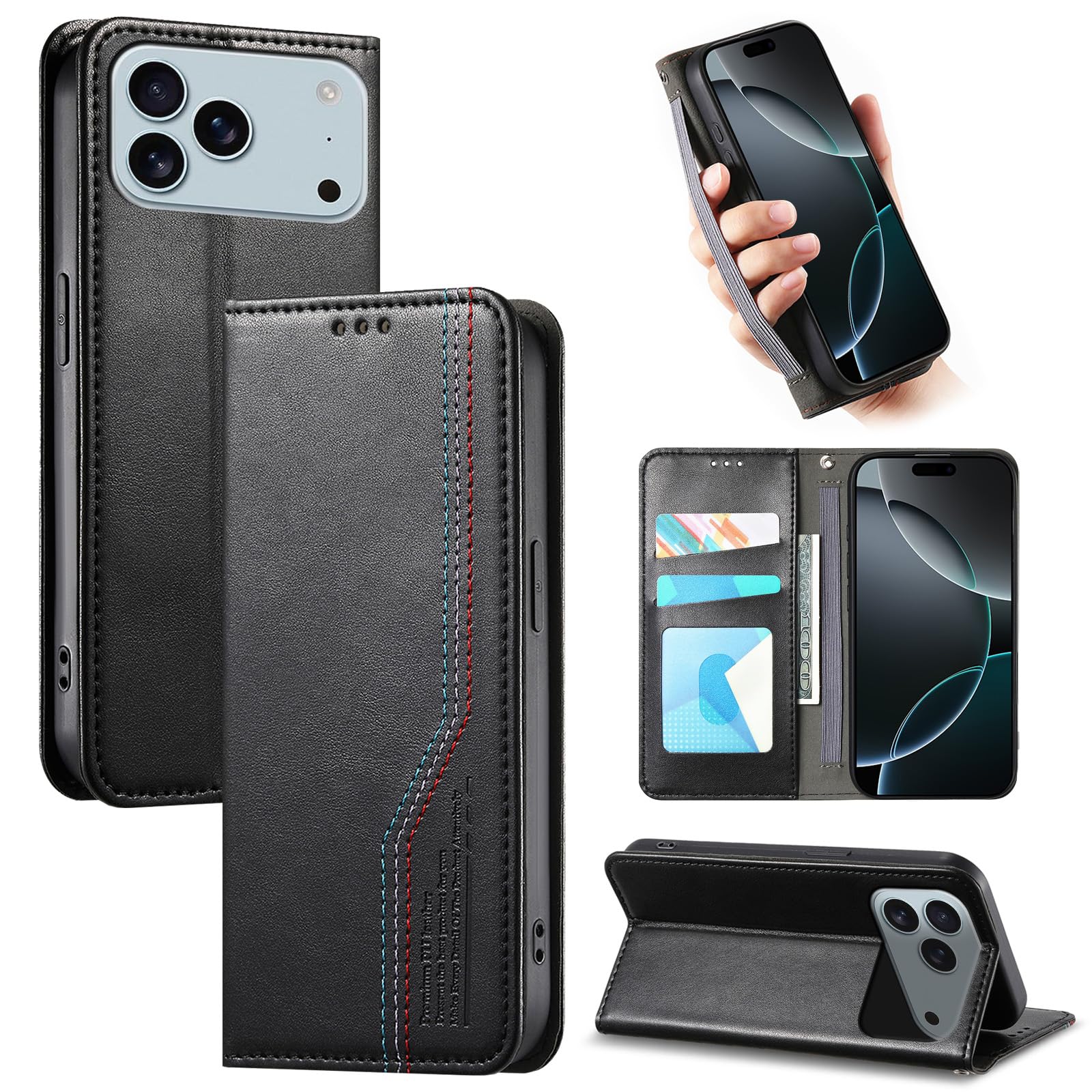 ONETHEFUL 対応 iphone17pro ケース 手帳型 いphone17pro ケース スタンド機能あいふおん17プロ スマホケース 財布型 アイフォン17プロ カバー カード収納 マグネット式 財布付き PUレザー 耐衝撃 全面保護 ストラップホール付き リストバンドのデザブラック