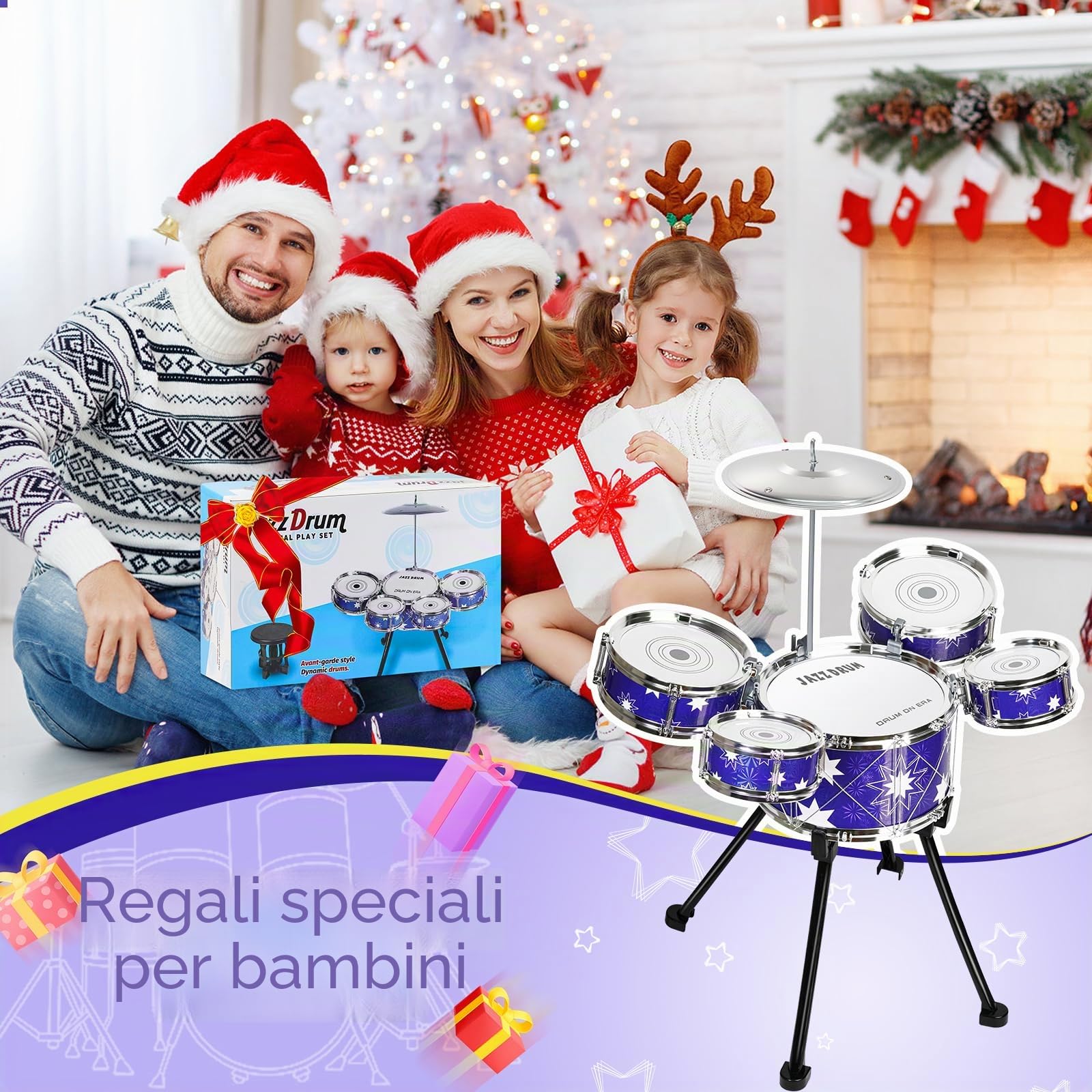 Giocattolo Batteria per Bambini Strumenti Musicali 3+ Anni | Kit Batteria Jazz per Bambini con Sgabello, Giocattolo Musicale per Ragazze Ragazzi di 3 4 5 Anni Regalo