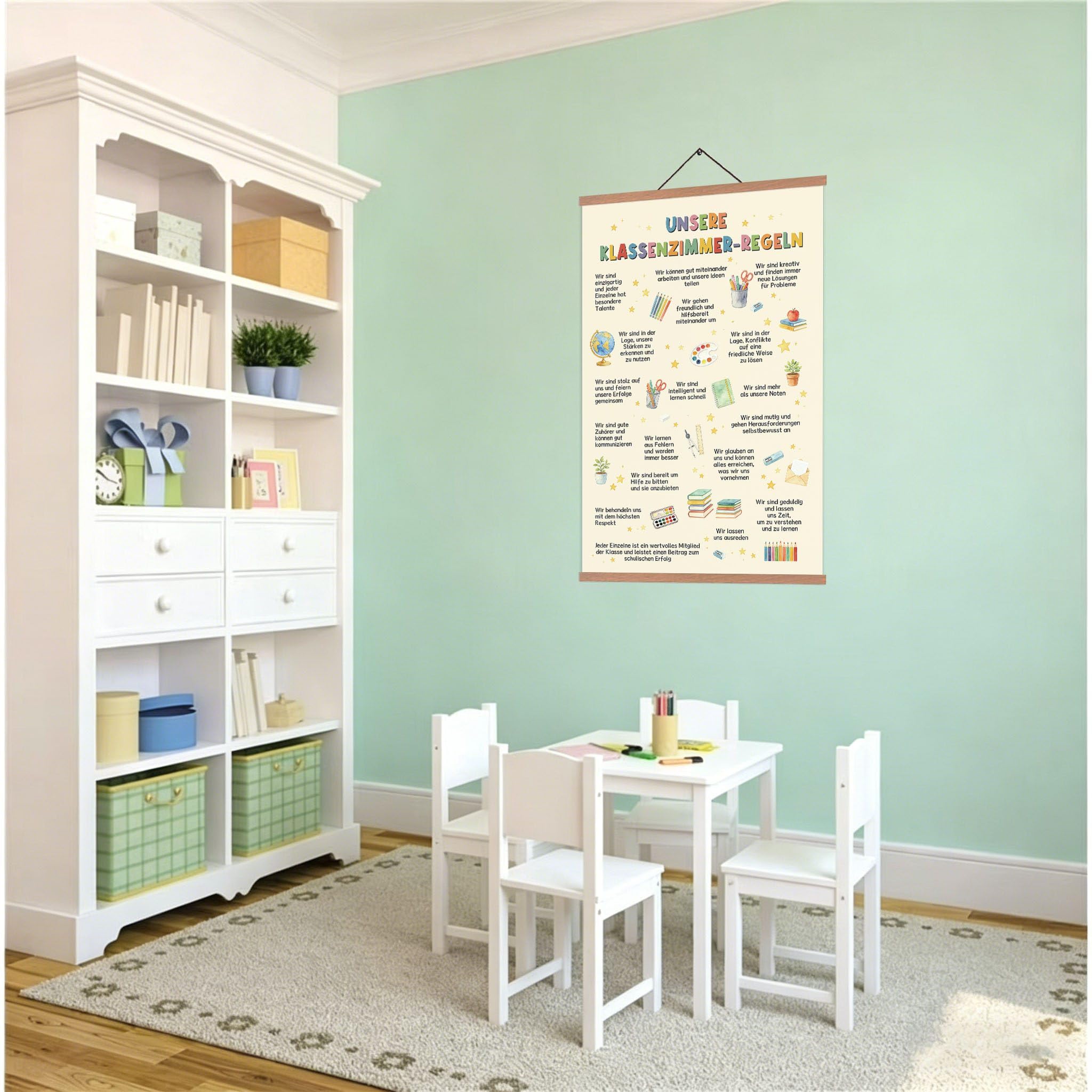 ZDFDC Unsere Klassenzimmer-Regeln Poster A2 Set mit Teakholz Magnetischer Posterleiste, 40x60 cm Leinwandbild für Grundschule, Kindergarten & Kinderzimmer, Motivierende Lernposter Wanddeko