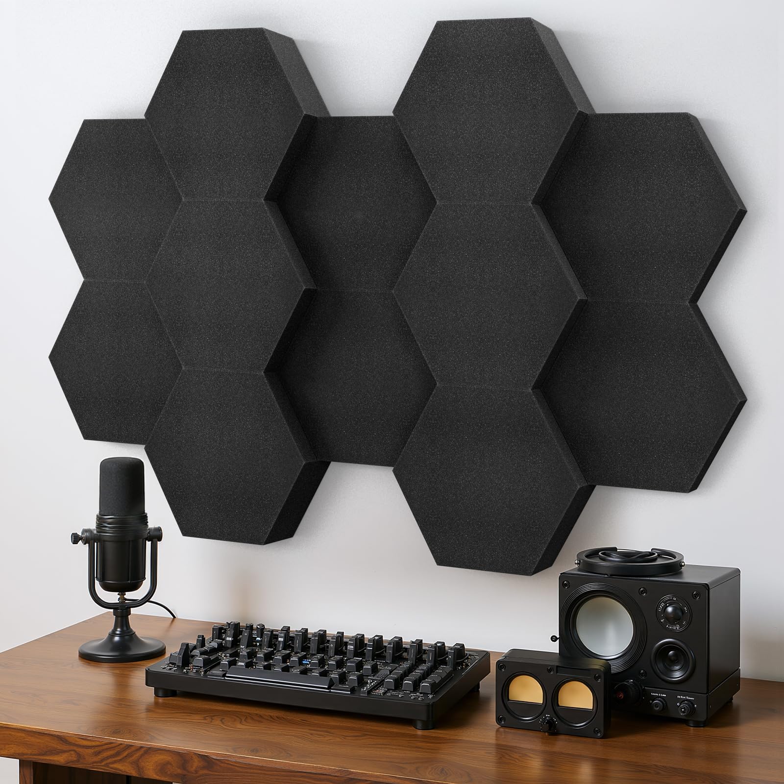Acoustic Foam Panels, 3D Hexagon Dual Thickness 1.57" & 2.75" Sound Absorbing Panel for Walls, Ceilings, Doors, 12 Pack 12" x 10" Black Decorative Art Tiles for Studio, Home Office, Gaming Room, Decor