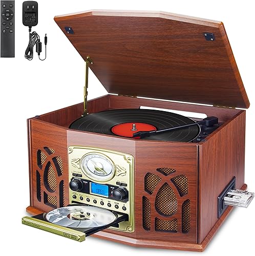 Miniatura 8 de BIGMONAT Tocadiscos todo en uno con altavoces incorporados, reproducción inalámbrica, tocadiscos de 3 velocidades, tocadiscos de vinilo caoba