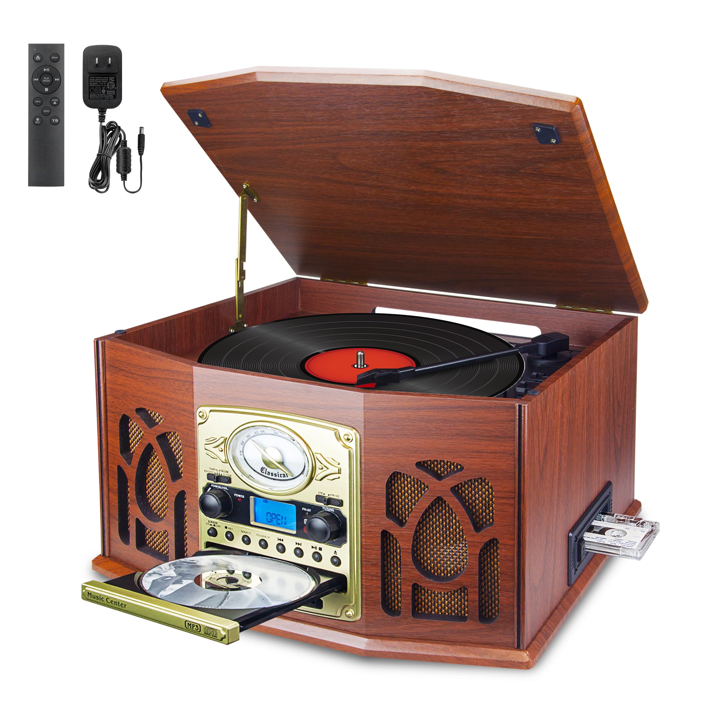 BIGMONAT All-in-One Record Player with 3-Speed Turntable, Cassette Tape/CD Vinyl Record Player,FM Radio, USB, SD Playback,AUX-in, Built-in Speakers,Remote Control