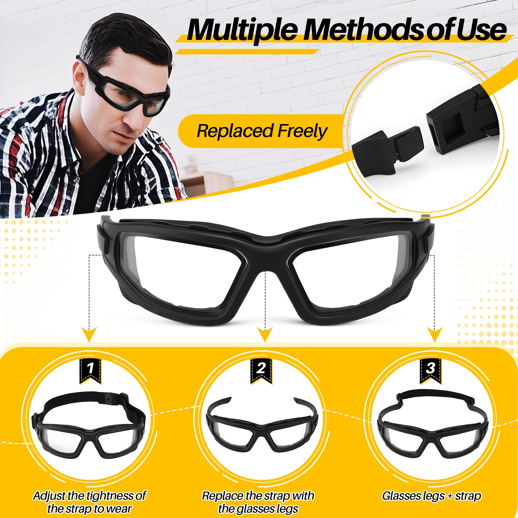 HappyAlley Safety Glasses with Vented Foam Carriage, Black Sports Wrap Glasses with Gray Anti Fog Dual Lens, Polarized Motorcycle Riding Sunglasses for Sports Outdoor Activities