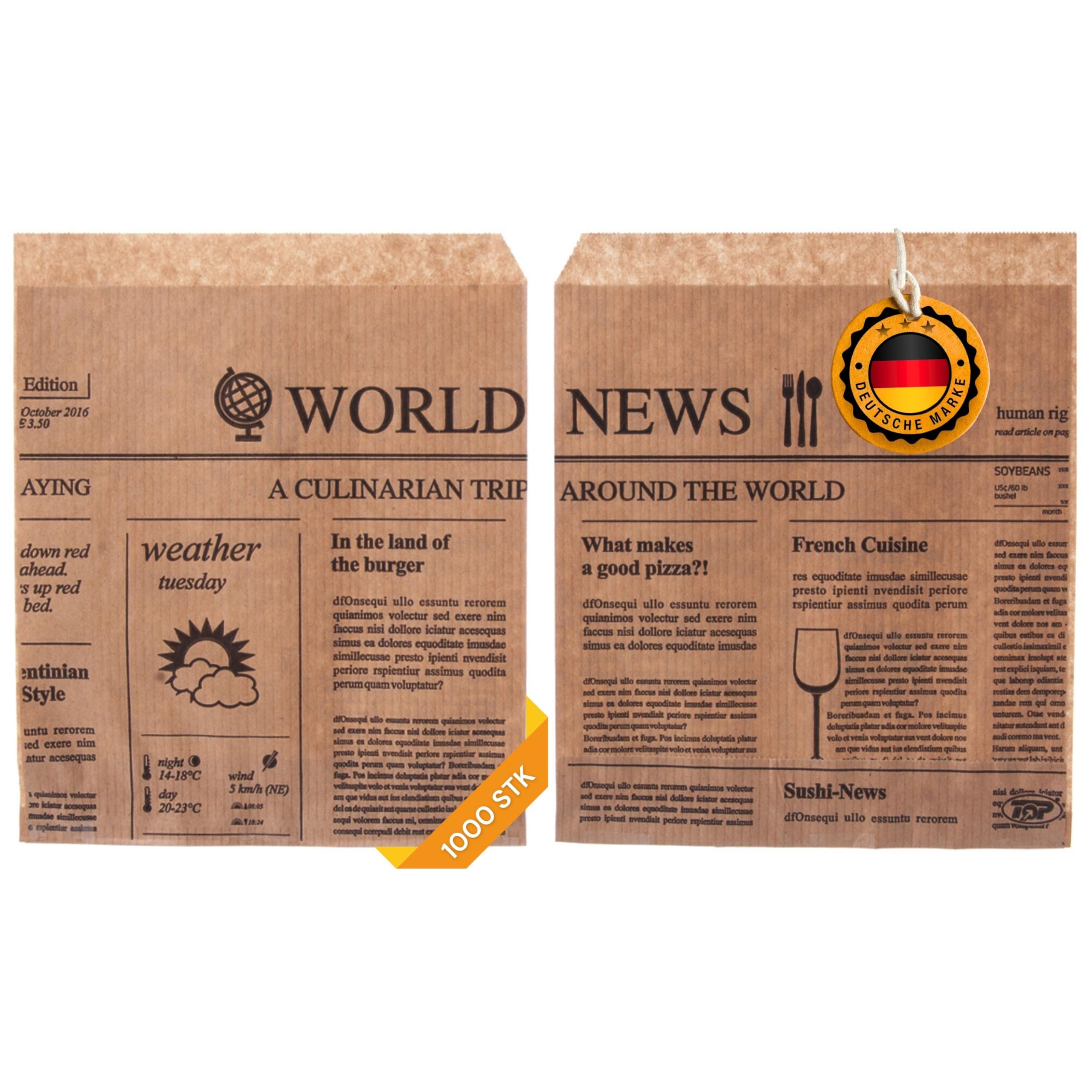 Snacktaschen/Hamburgertaschen Snackbeutel Newspaper aus Kraftpapier Hamburger-Tüten, 2-seitig offen (braun, 1000)