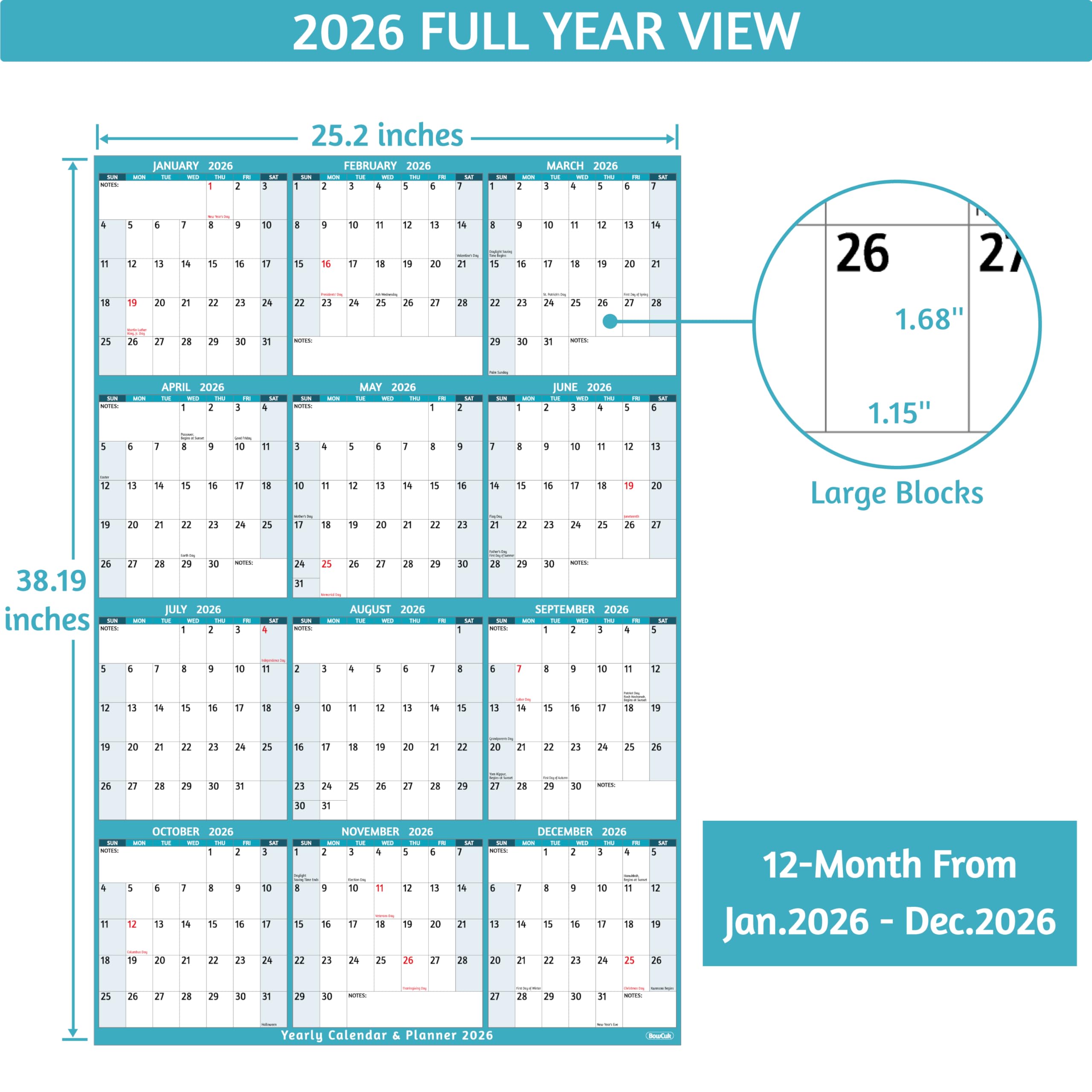 Calendario da parete 2025 Anno Verticale, Verde