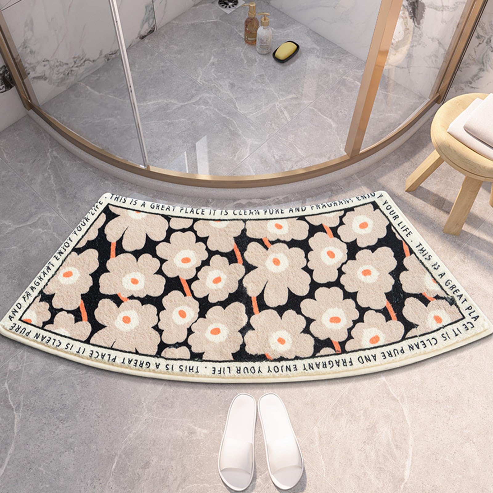 UVCMDUI Corner Shower Mat for Outside Shower, Super Absorbent Curved Bath Mat, Non-Slip Curved Shower Mat, Soft Flower Bathroom Rug for Home Hotel, Machine Washable,Brown,40x75CM(17.7x29.5IN)