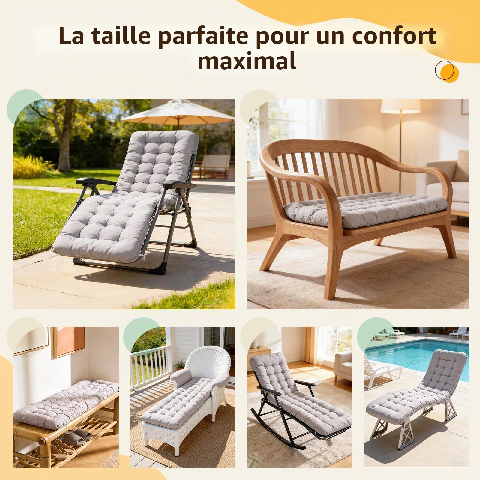 Coussins pour Bain de Soleil, 170x53x8cm Coussins pour Bancs de Jardin avec Capuche Antidérapante et Sangles de Fixation, Coussin pour de Jardin Convient aux Chaises Longues