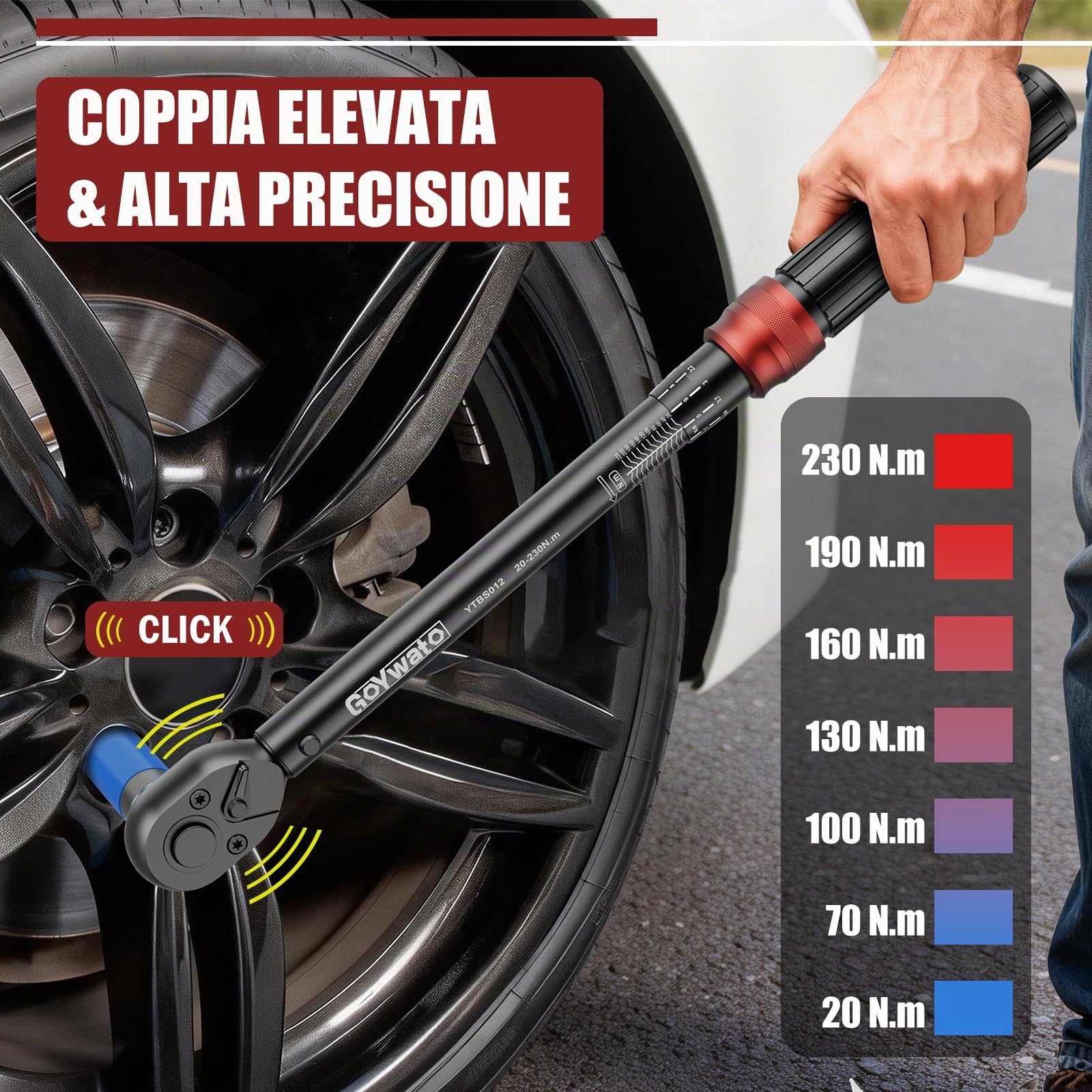 Chiave Dinamometrica 1/2" 20-230 Nm - 6 Pezzi Chiave Dinamometrica Auto, Cricchetto a 72 Denti, con Barra di Prolunga & Adattatore da 1/2 "a 3/8" & Bussole 17mm/19mm/21mm, per Auto, Moto, Cambio Gomme