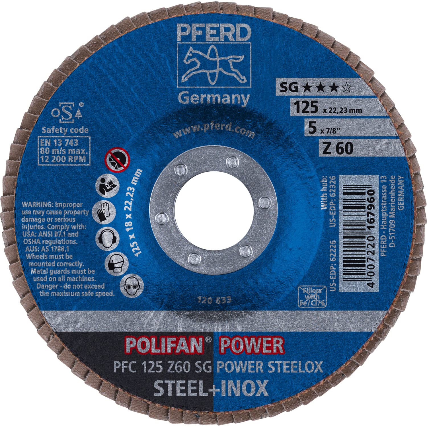PFERD 62226 5" x 7/8" POLIFAN Flap Disc - Conical SG, Zirconia, 60 Grit (10pk)