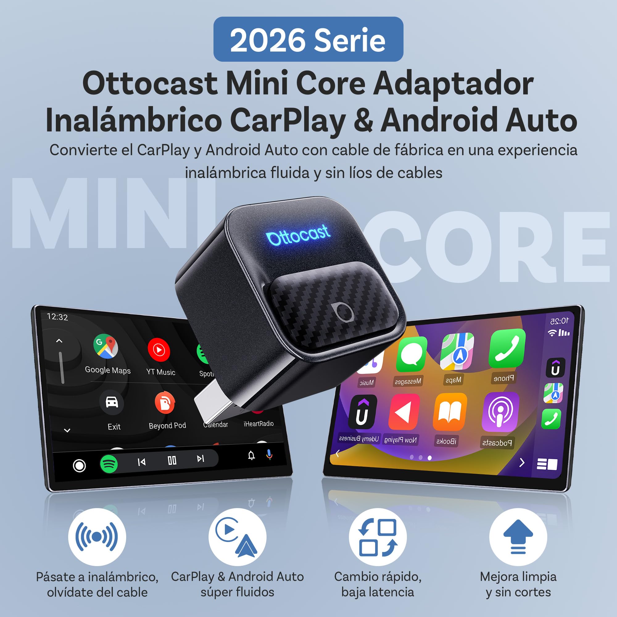 Ottocast Mini Core Adaptador inalámbrico CarPlay y Android Auto, Cambio de dispositivo con un clic, WiFi 6/BT 5.4 Conexión automática en 5s, Plug & Play para el 98% de coches con CarPlay/AA de fábrica