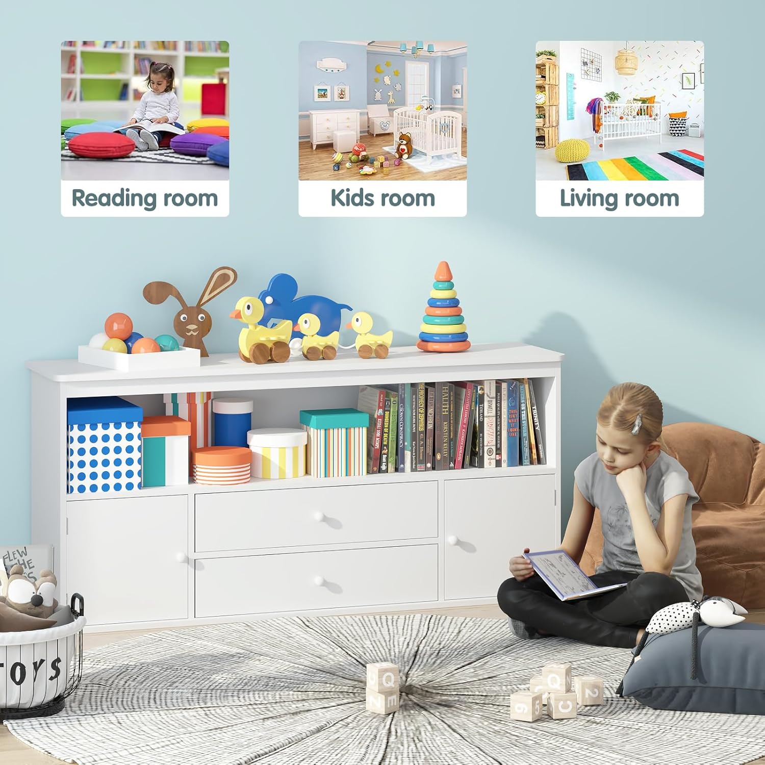 Timy 51.9" Toy Storage Organizer Bookcase Kids Bookshelf Toy Storage Cabinet Wooden Organizer Bins for Reading Storing Playing White